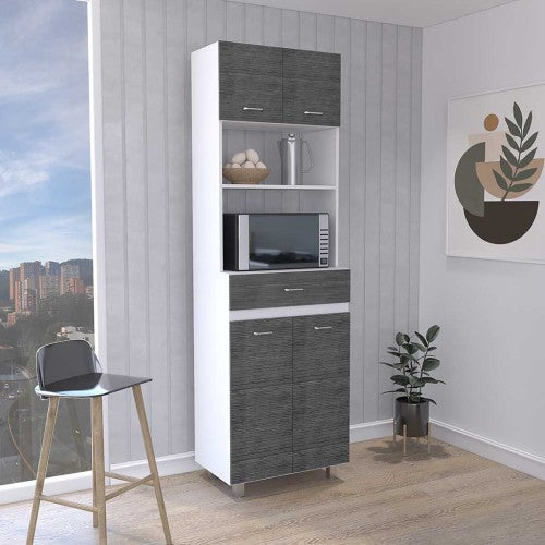Microwave Cabinet - White & Smokey Oak - Double Doors & Shelf