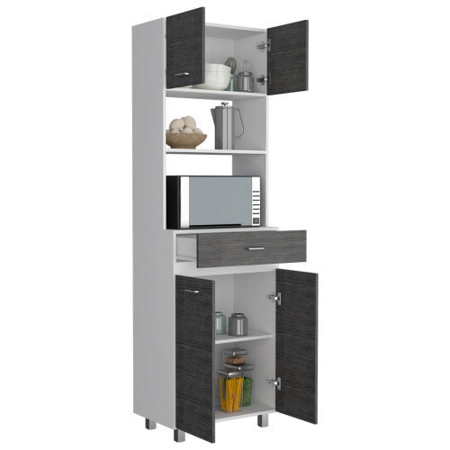 Microwave Cabinet - White & Smokey Oak - Double Doors & Shelf