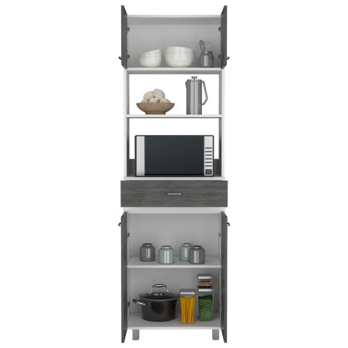 Microwave Cabinet - White & Smokey Oak - Double Doors & Shelf