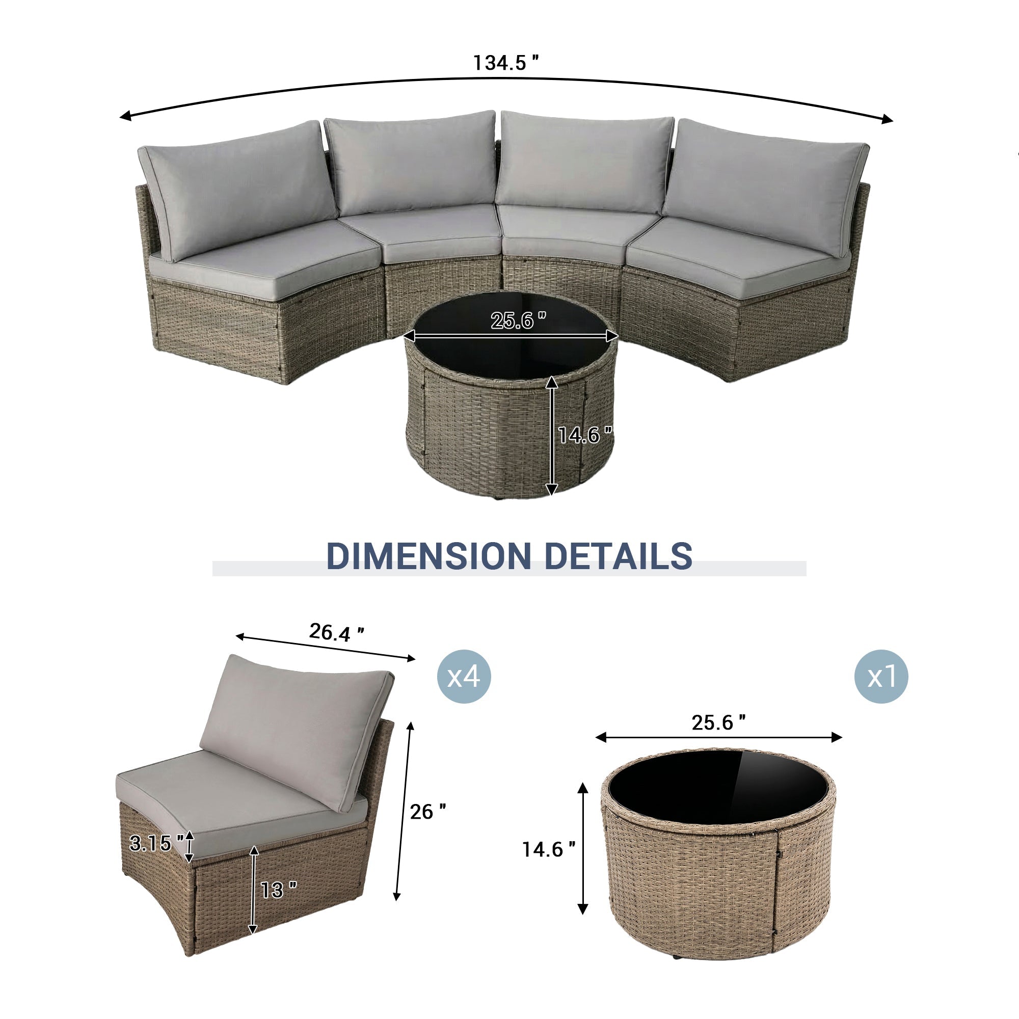 Outdoor Sectional Set PE Rattan Steel Gray 8 Piece Half Moon Seats 6