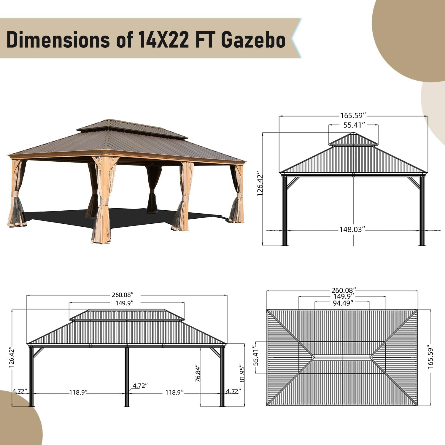 14x22 Ft Hardtop Gazebo Aluminum Frame Gutter System