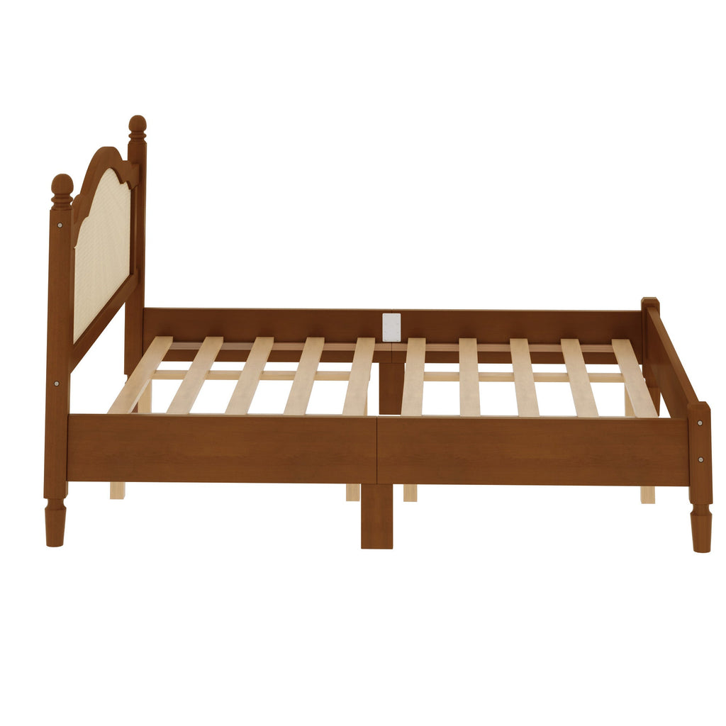 King Size Walnut Wooden Platform Bed with Rattan Headboard