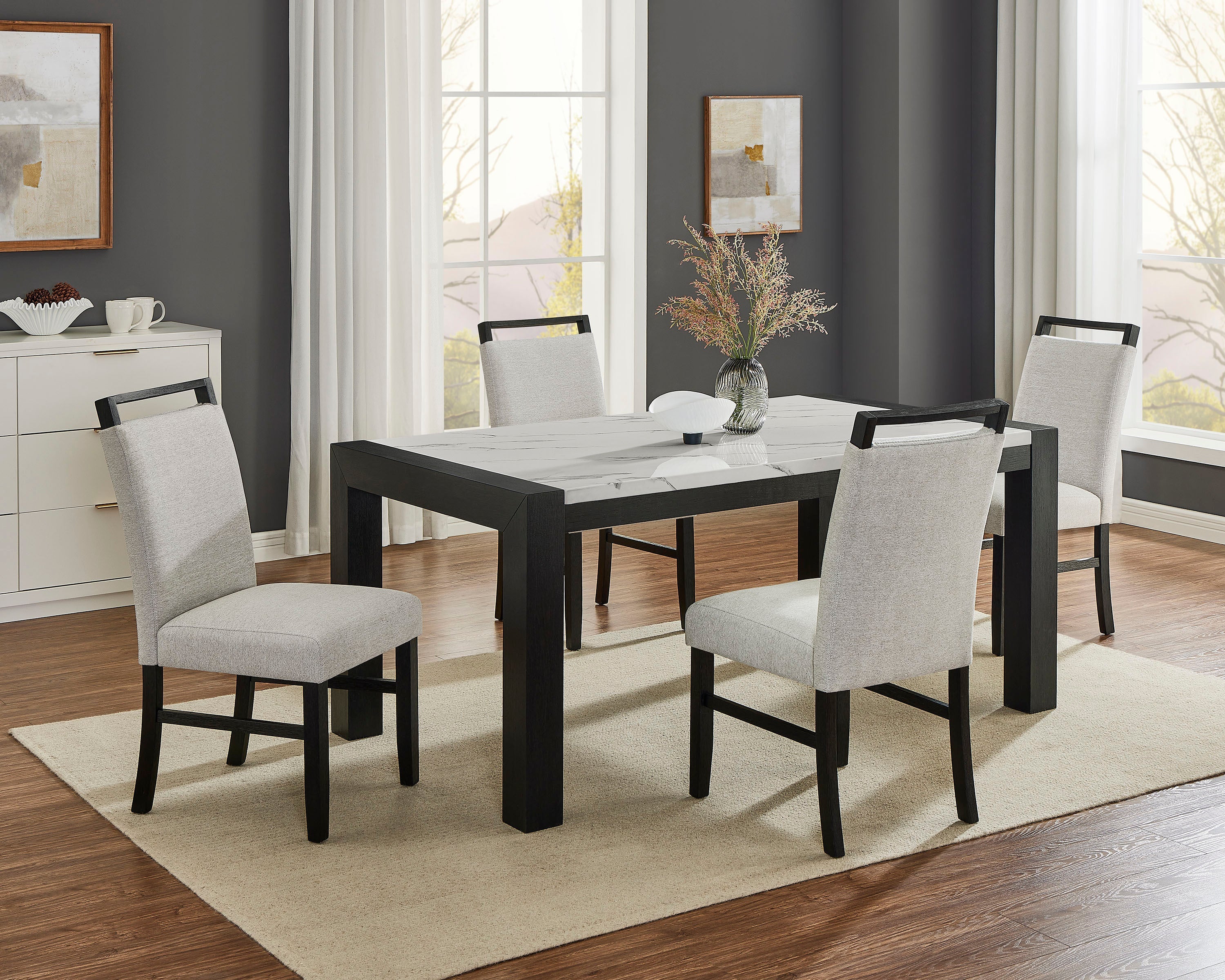 White Faux Marble Dining Table Wood Veneer Black Finish
