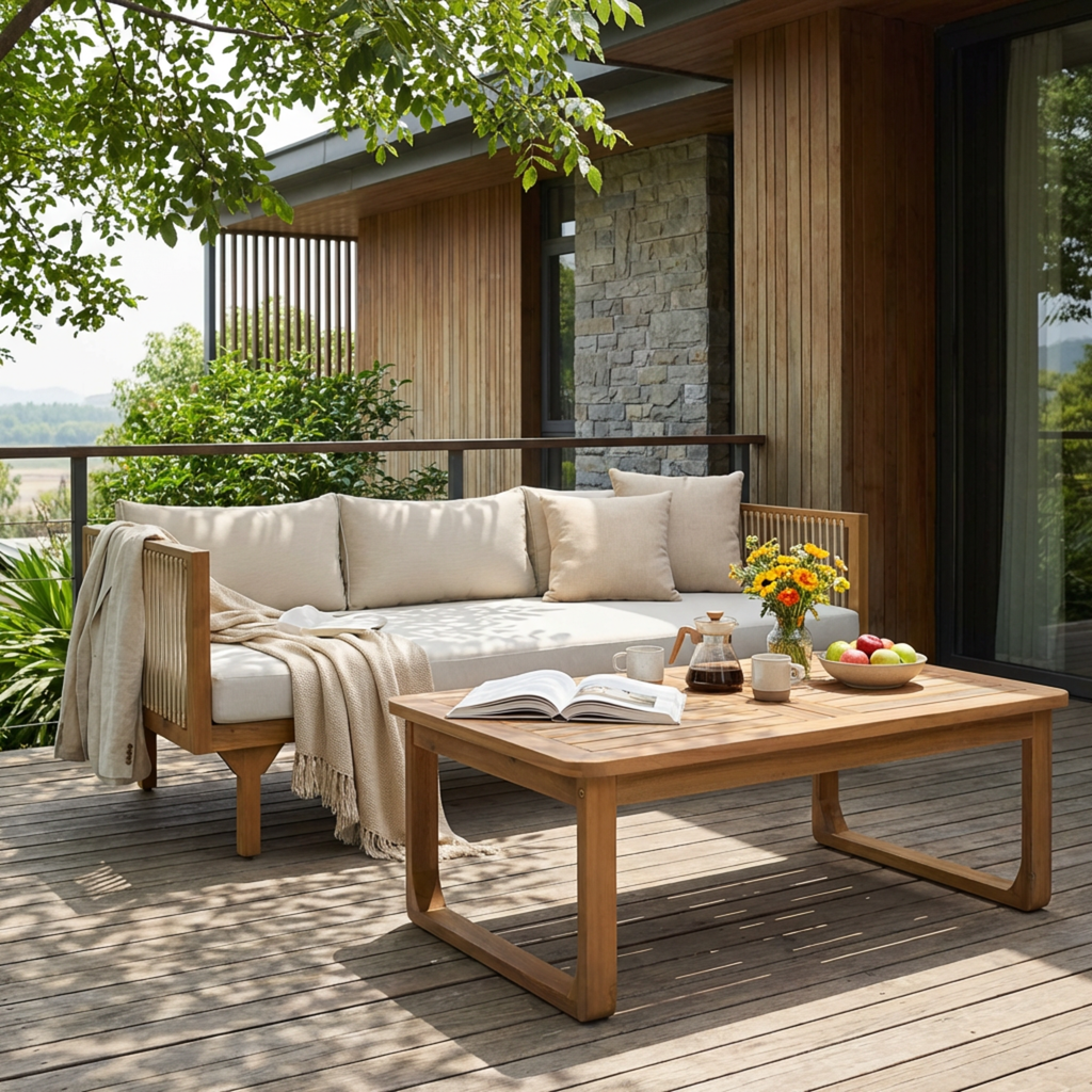 Outdoor Daybed Set Acacia Wood Rope 3 Seater Chaise Lounge