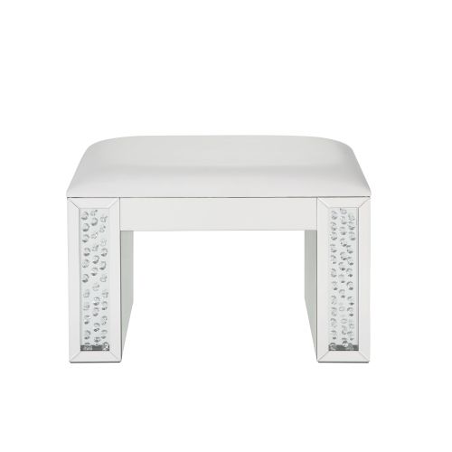 Vanity Stool - Ivory Synthetic Leather with Faux Crystal Inlay