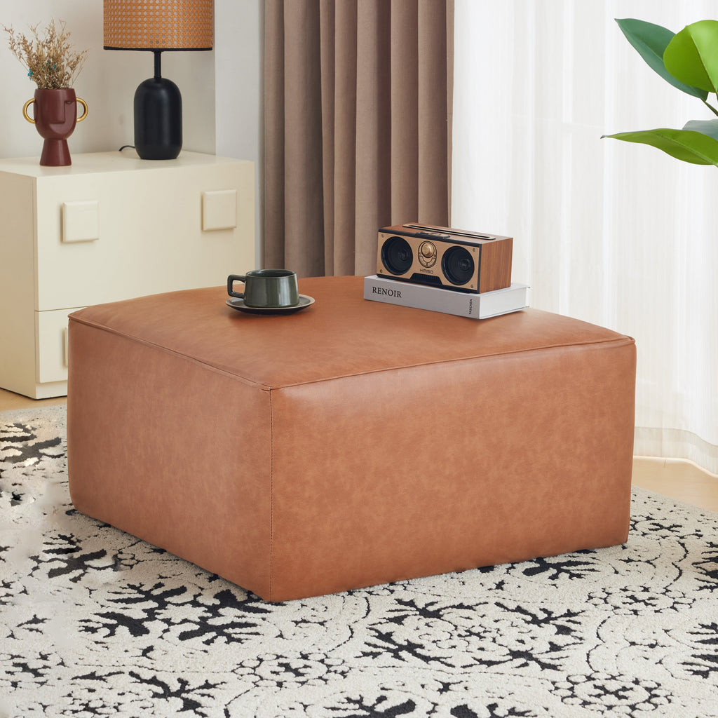 Upholstered Square PU Leather Ottoman Tan Brown 26.6x29.6x15.2