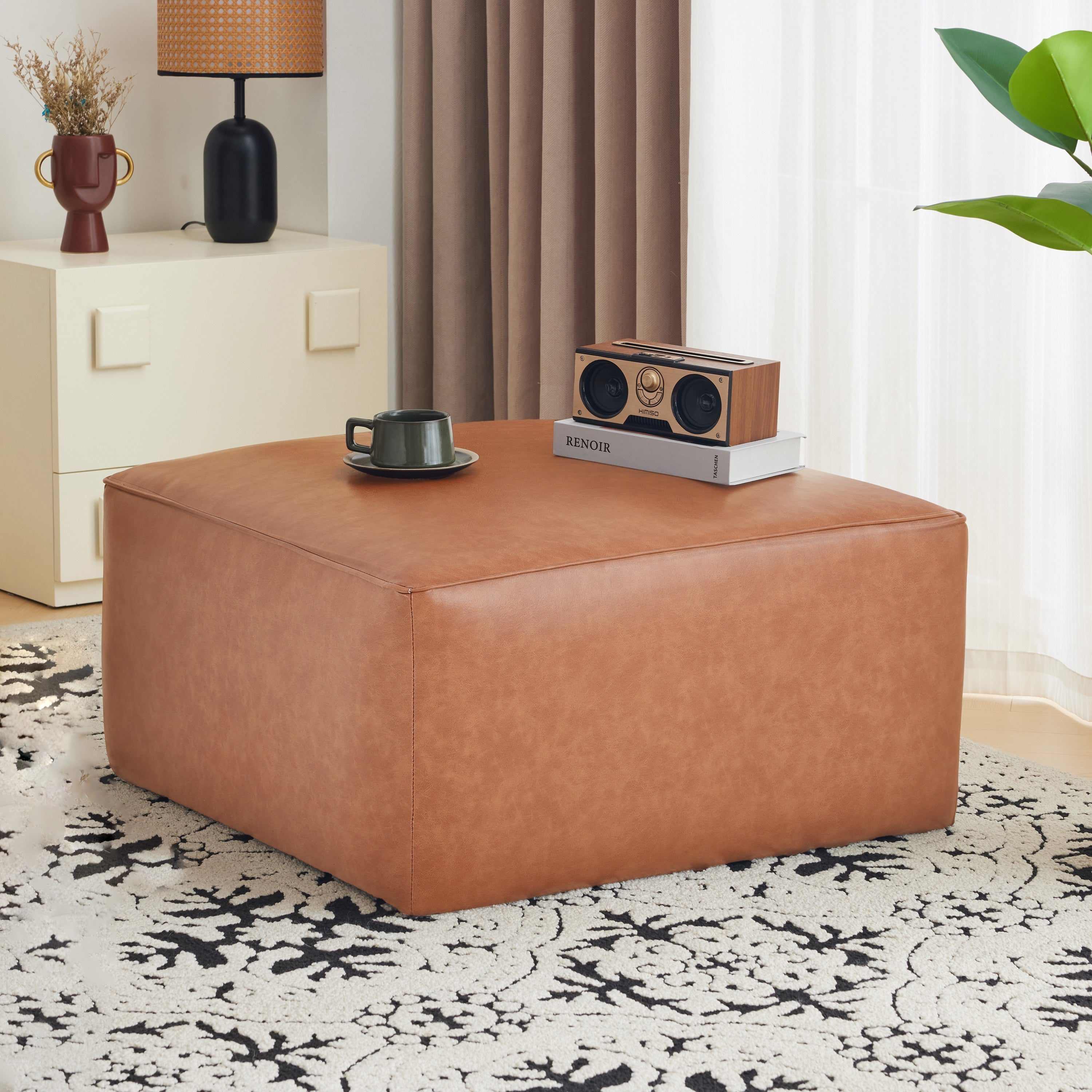 Upholstered Square PU Leather Ottoman Tan Brown 26.6x29.6x15.2