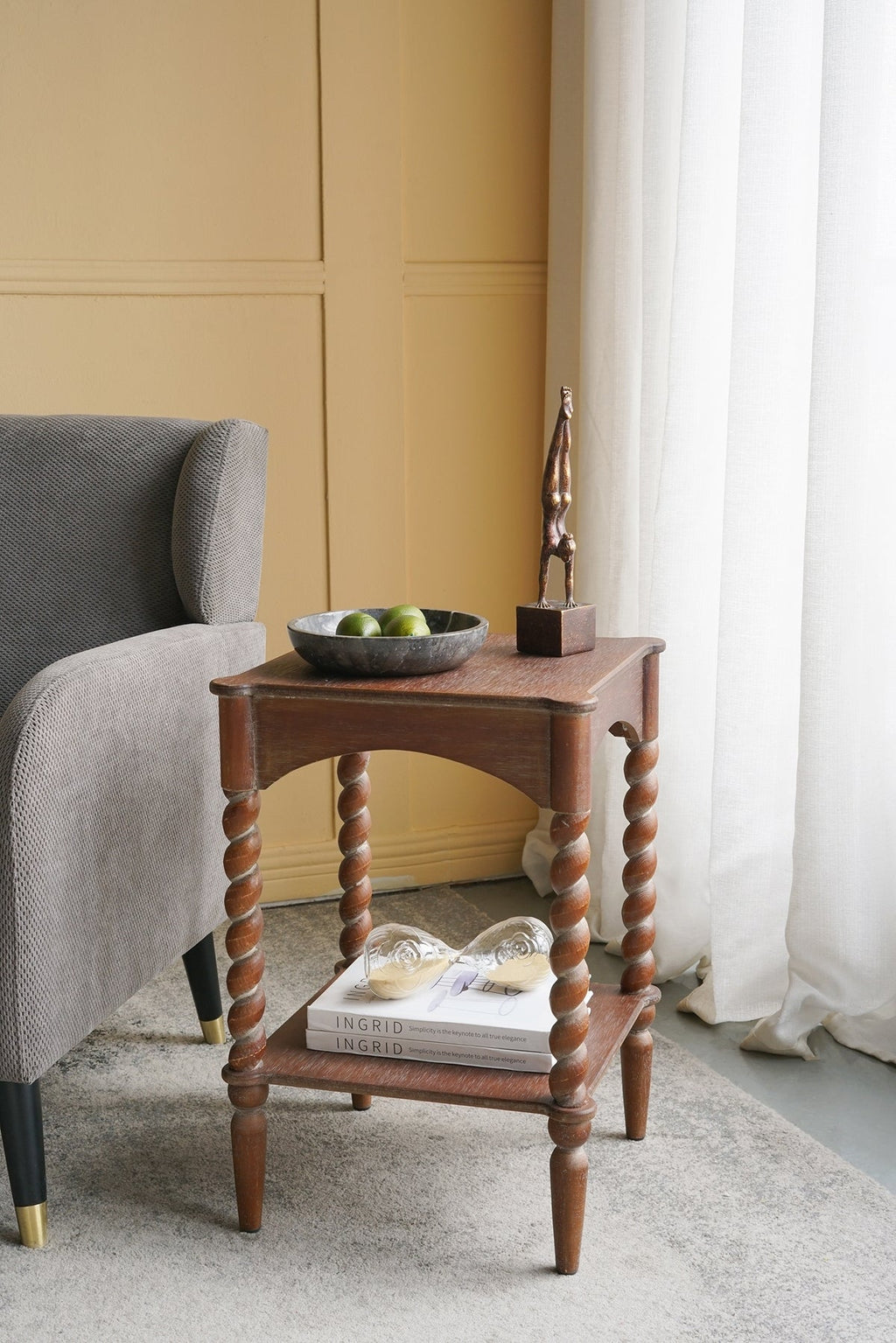 Distressed Brown Wood Side Table Spiral Legs Shelf
