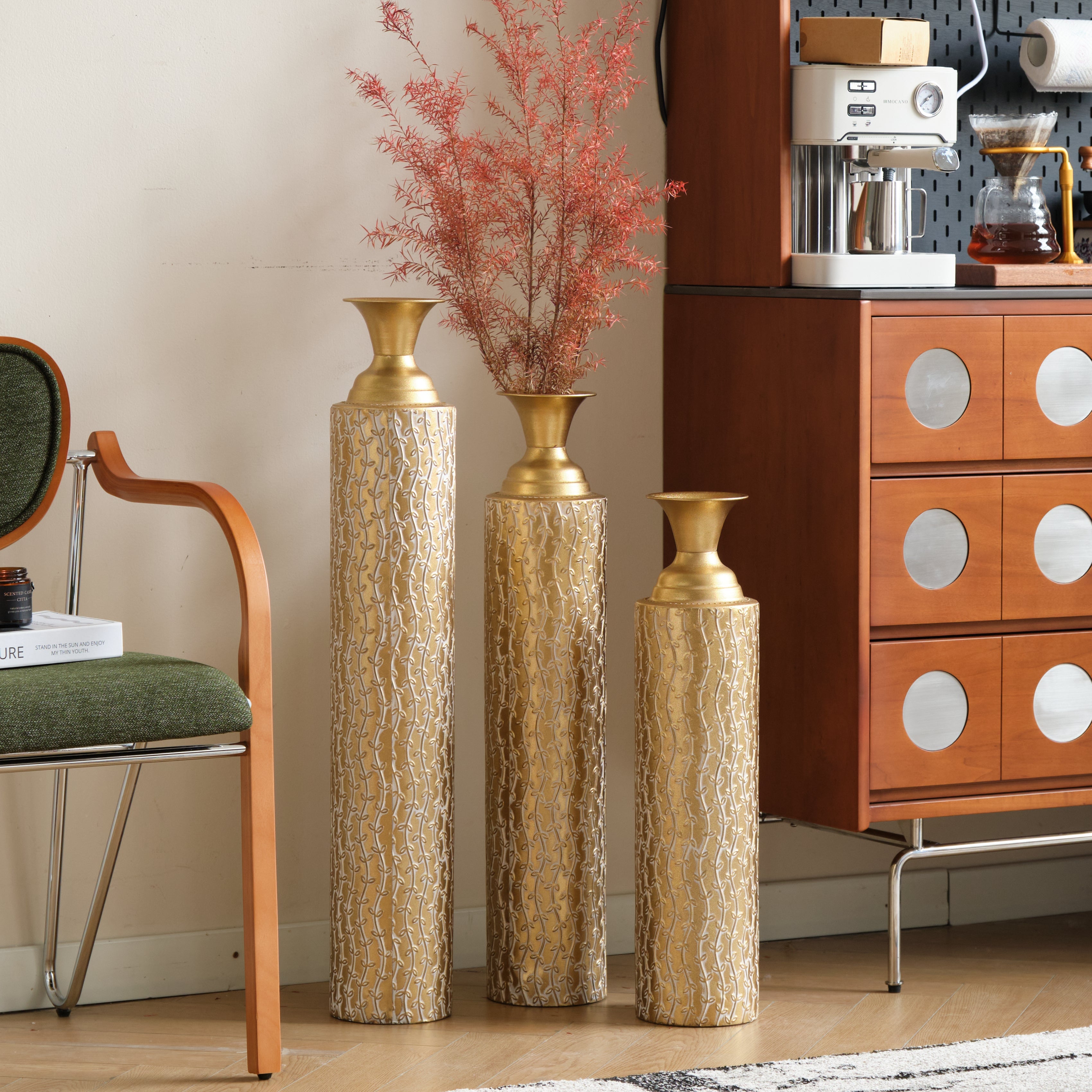 Set of 3 Gold Distressed Metal Vases with Vine Pattern 34