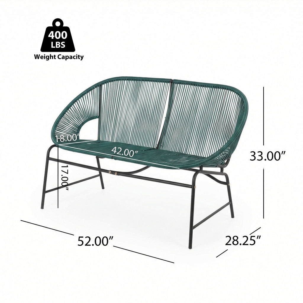 Green PE Rattan Outdoor Patio Wicker Loveseat with Iron Frame
