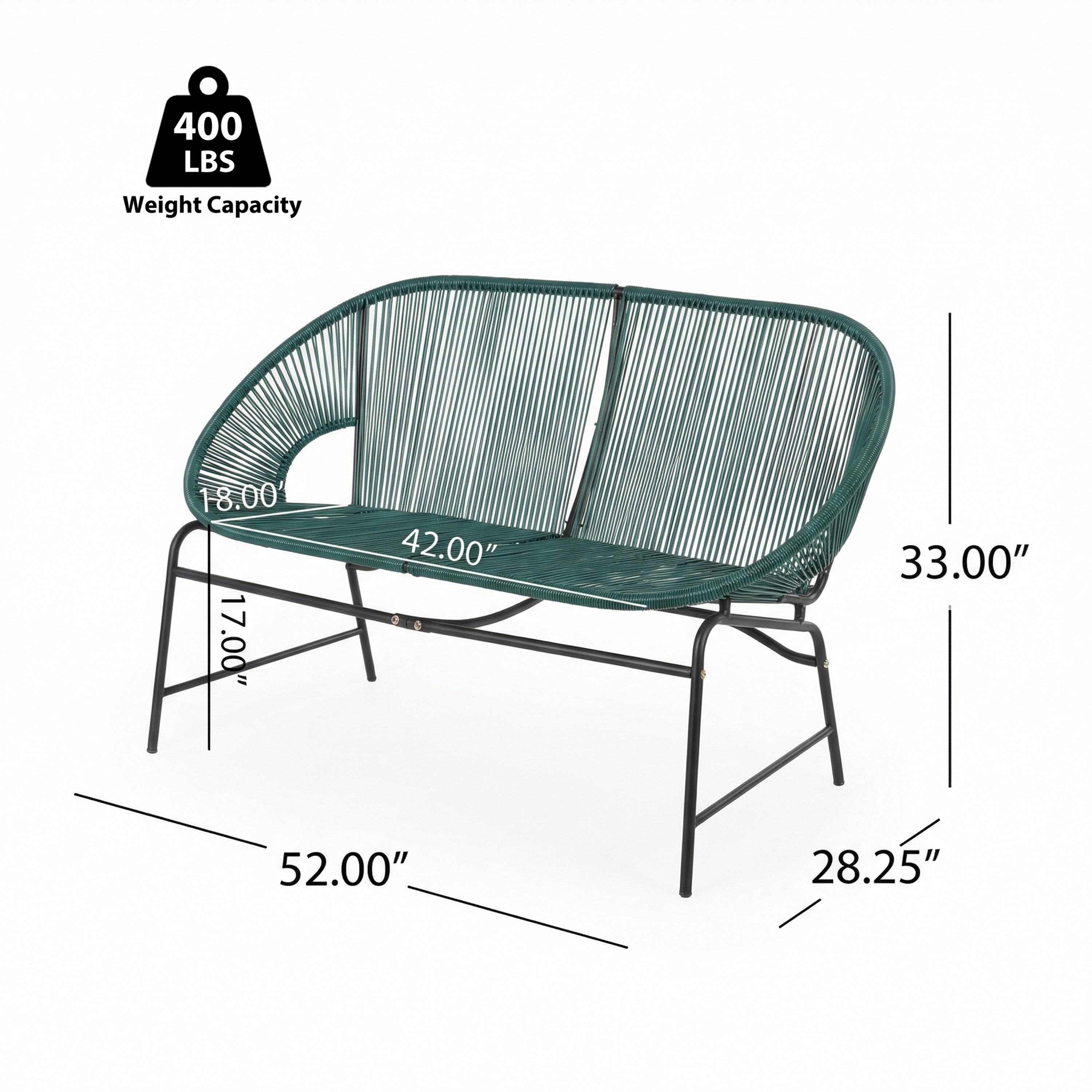 Green PE Rattan Outdoor Patio Wicker Loveseat with Iron Frame