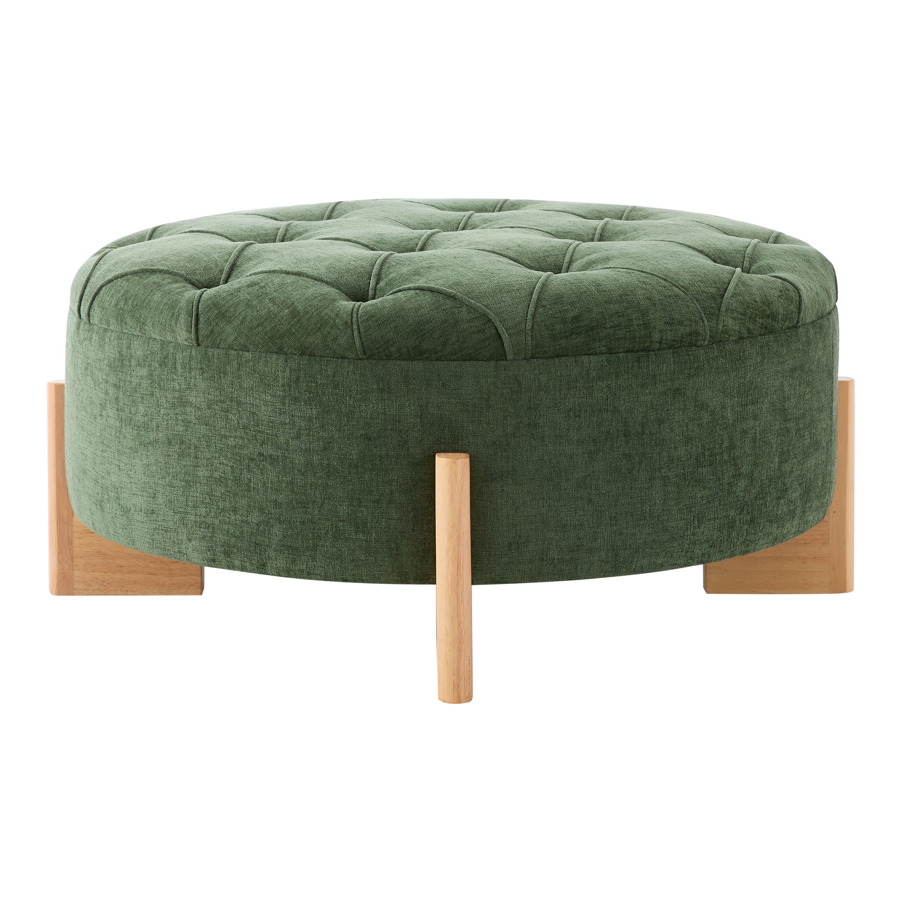 32' Round Tufted Ottoman with Solid Wood Legs, Chenille Fabric Footrest