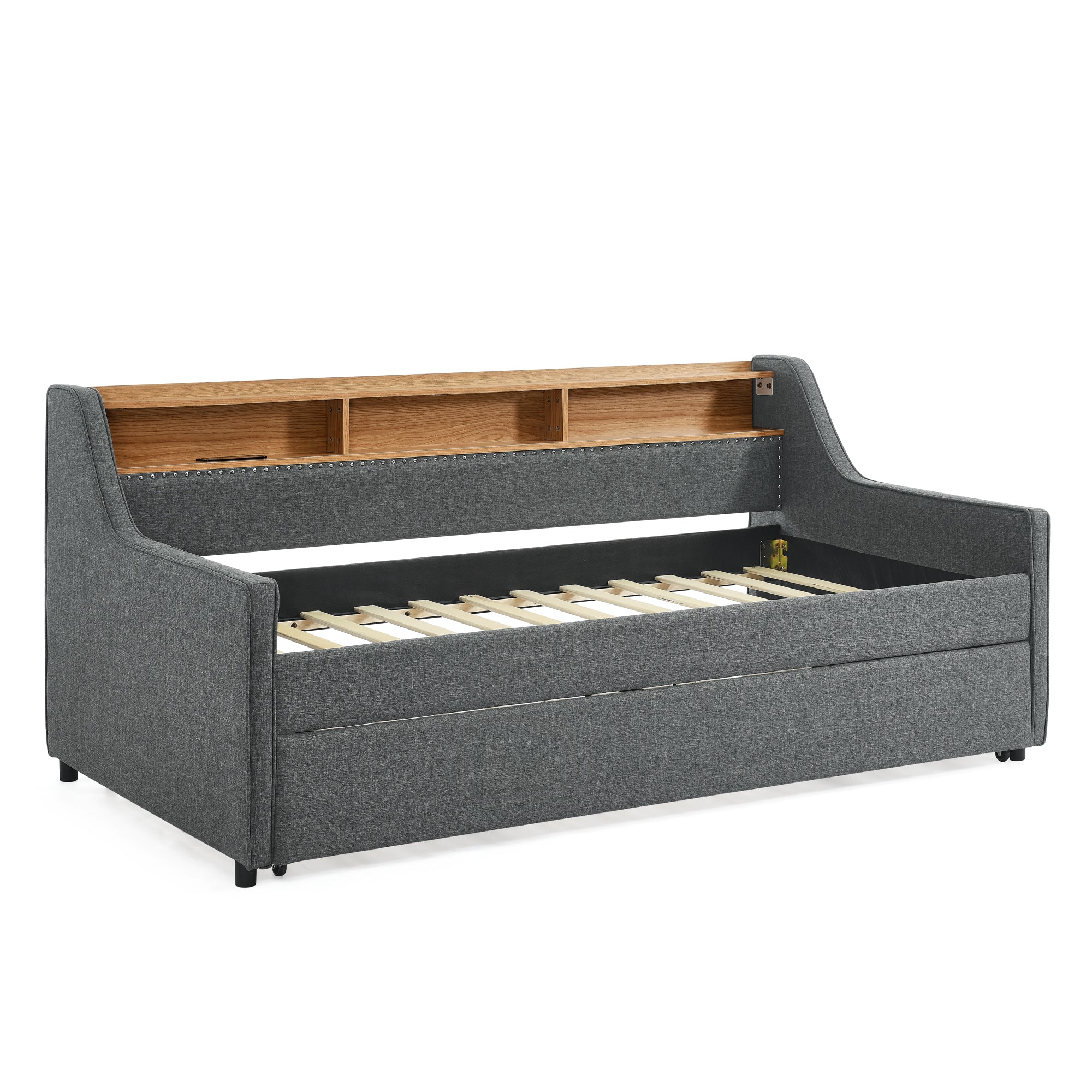 Grey Linen Twin Sofa Bed LED Lights Storage Headboard