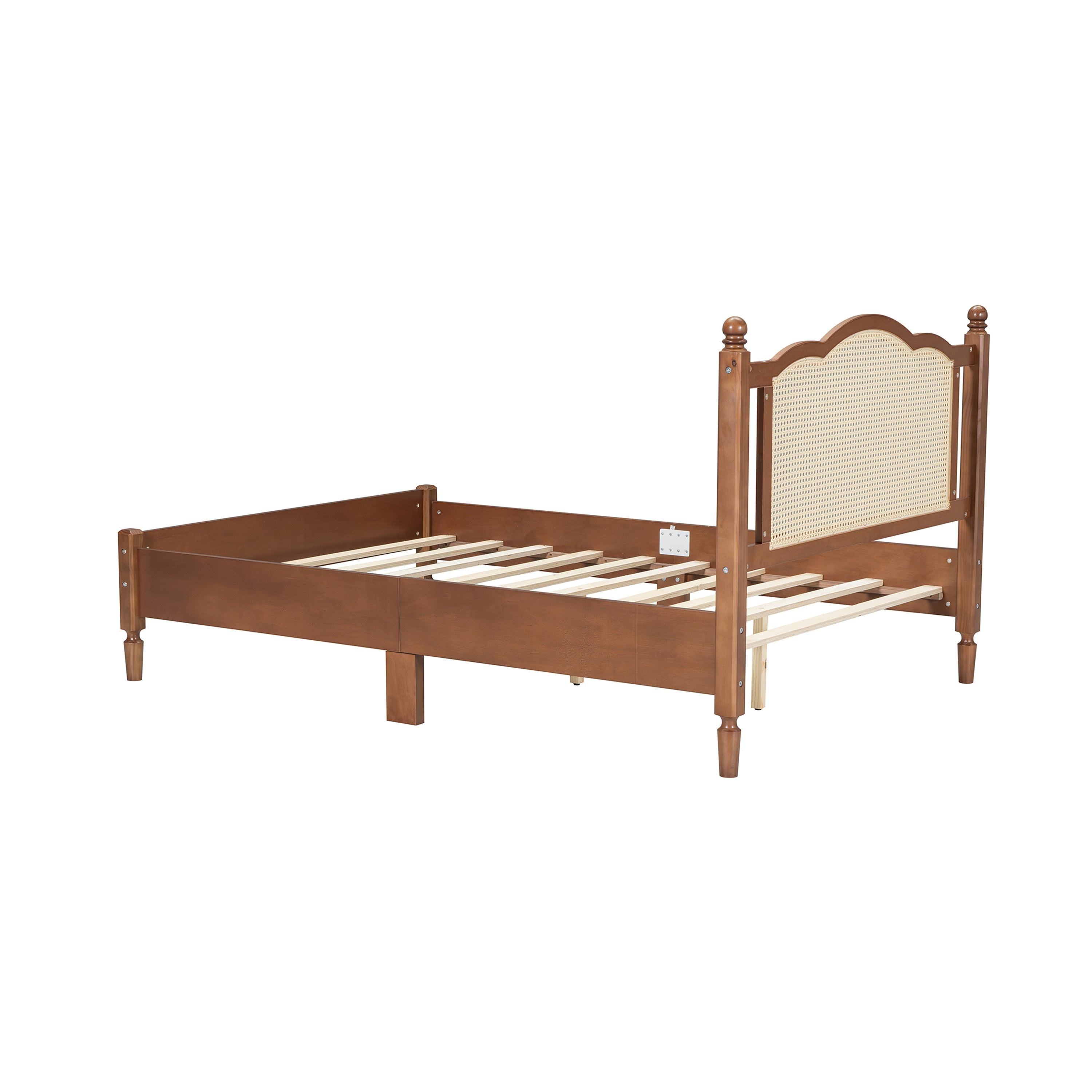 Full Size Wooden Platform Bed with Rattan Headboard