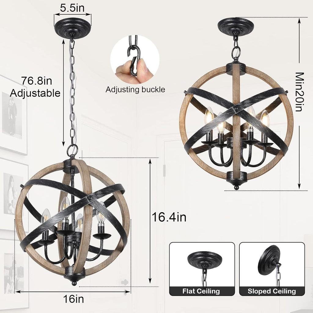 Chandelier Farmhouse 4-Light Rustic Wood Adjustable Kitchen Living