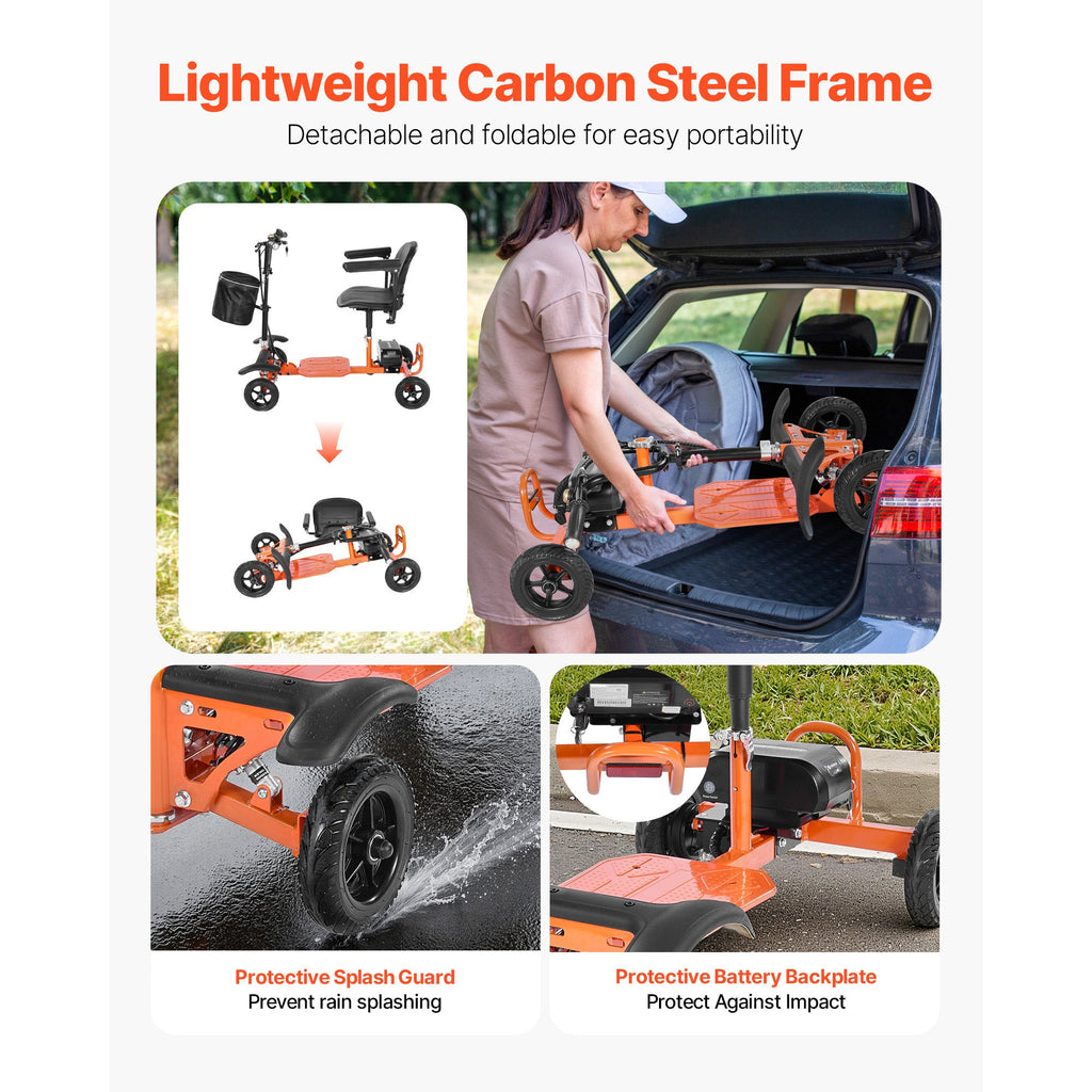 Mobility Scooter 4-Wheel Foldable Carbon Steel Orange 265 LB 48V Battery