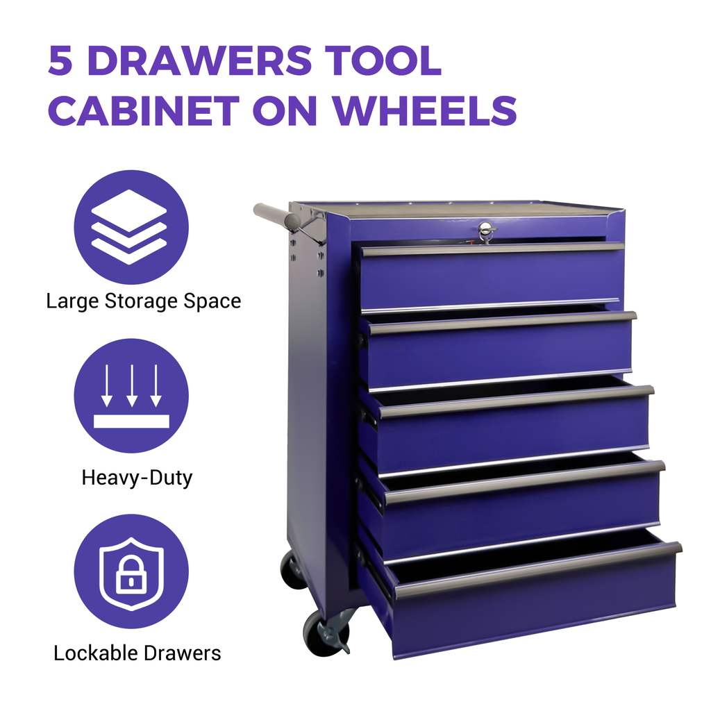 5-Drawer Rolling Metal Tool Chest Cabinet, Purple Steel Storage
