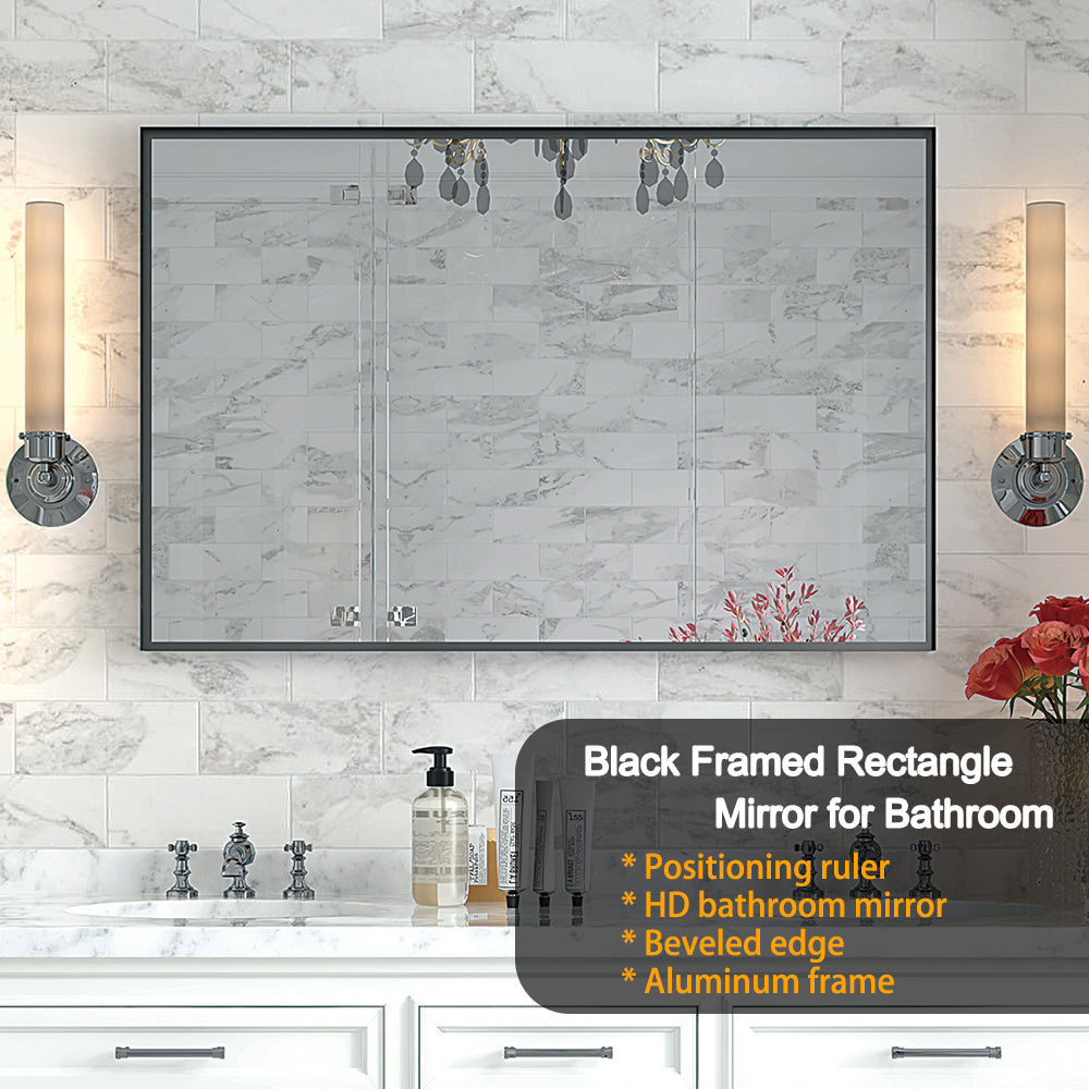 40x30" Glossy Black Bathroom Vanity Mirror Rectangle Wall Mount