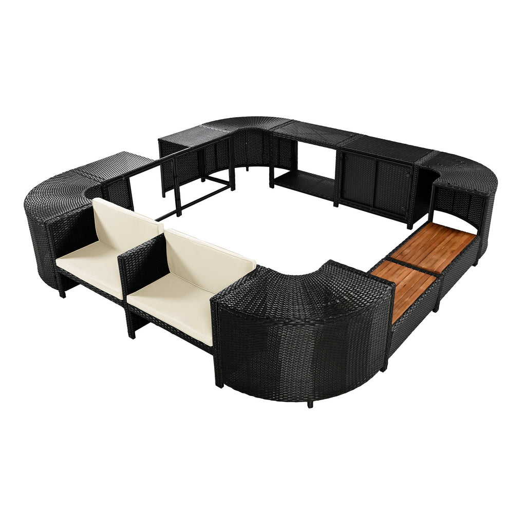 Outdoor Rattan Sectional Sofa Set with Storage, Beige
