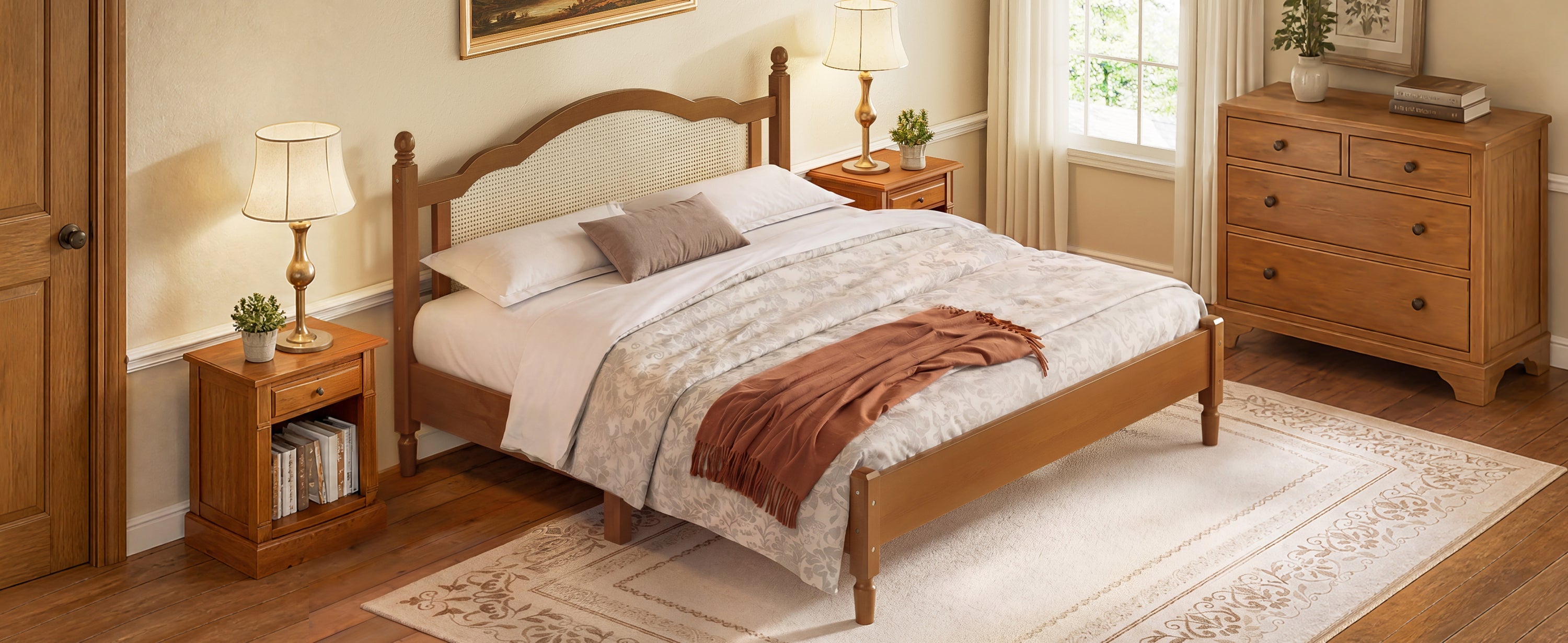 King Size Walnut Wooden Platform Bed with Rattan Headboard