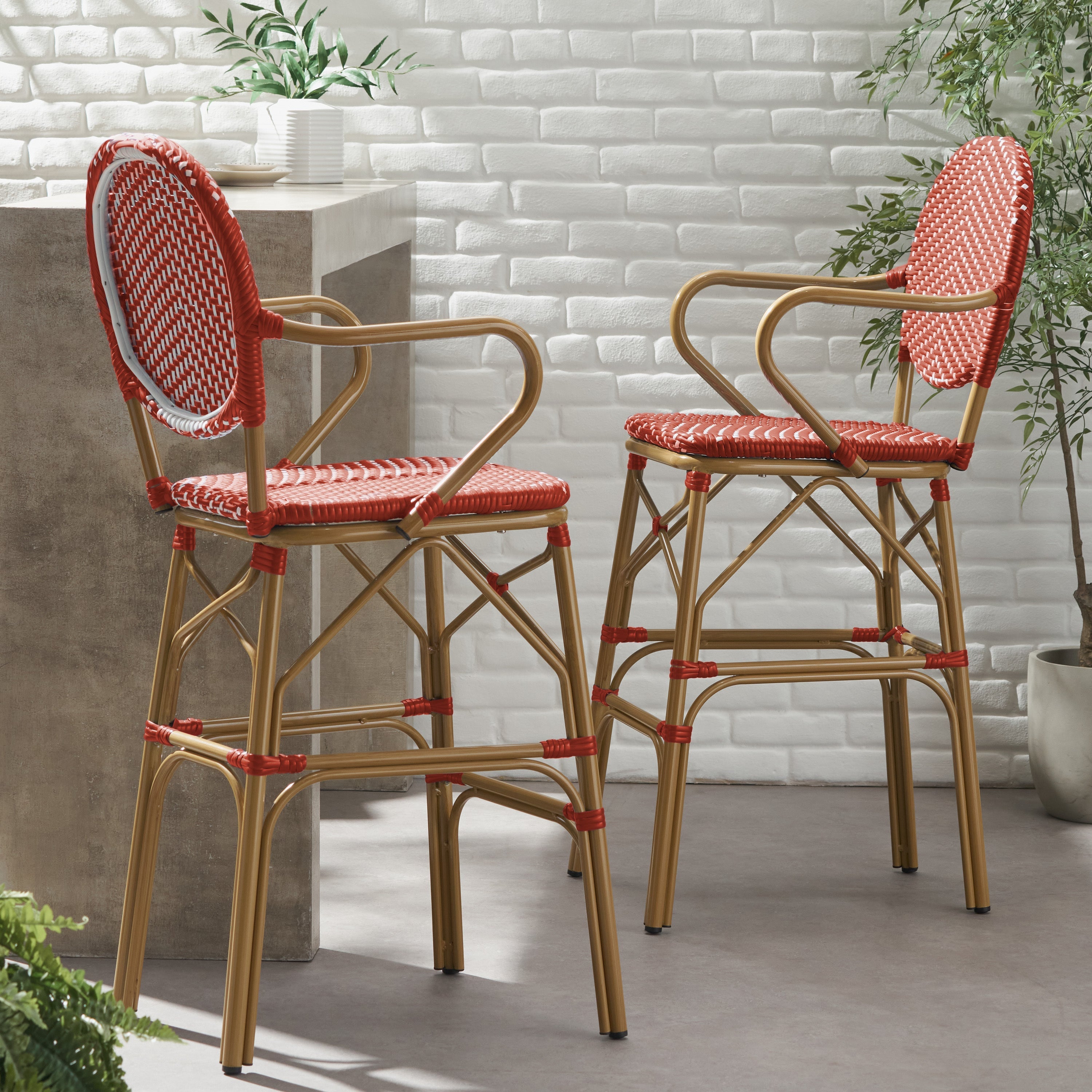 Outdoor Wicker Aluminum Barstool Set of 2, 29.5", Red