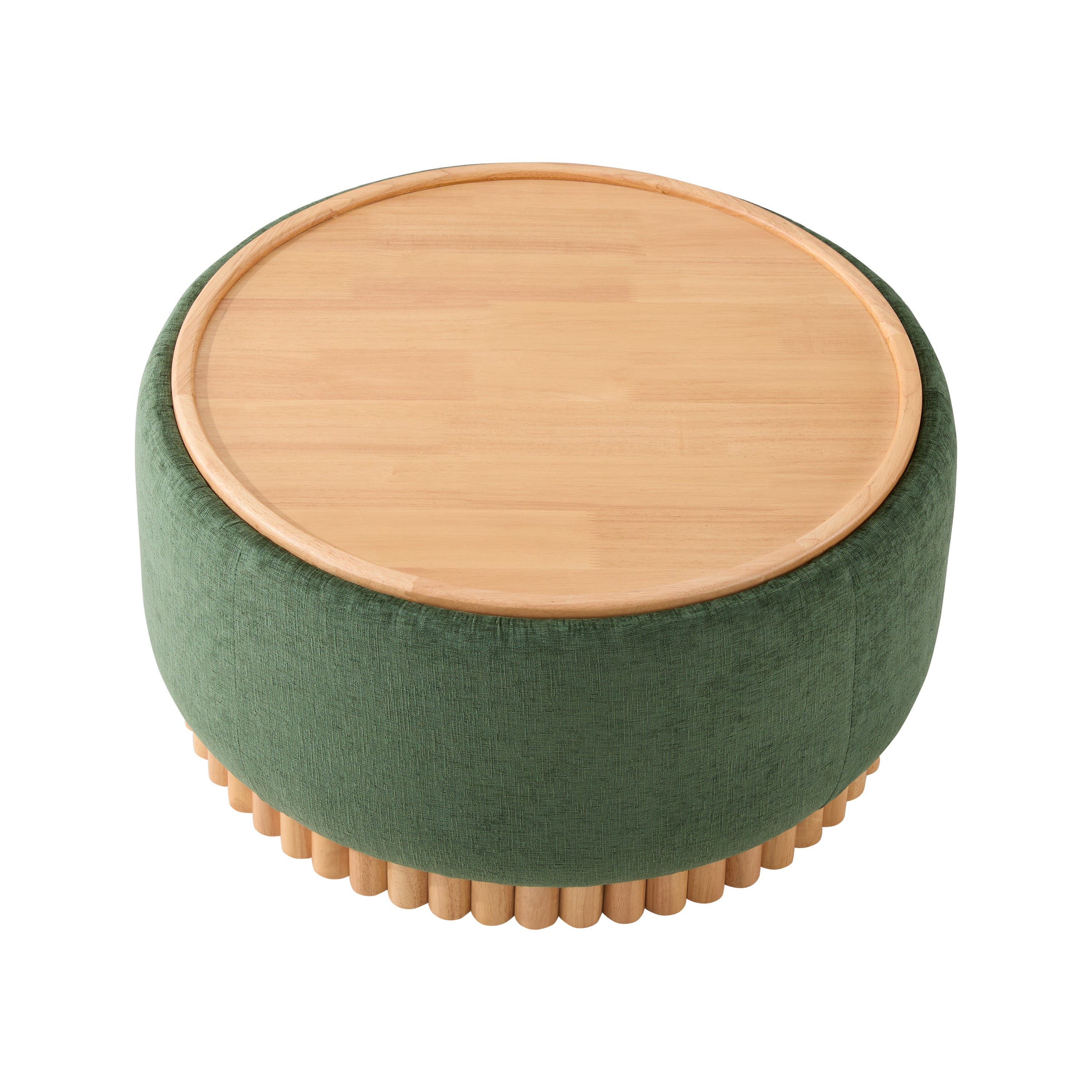 29 Inch Round Storage Ottoman Solid Rubberwood Legs Chenille, Green