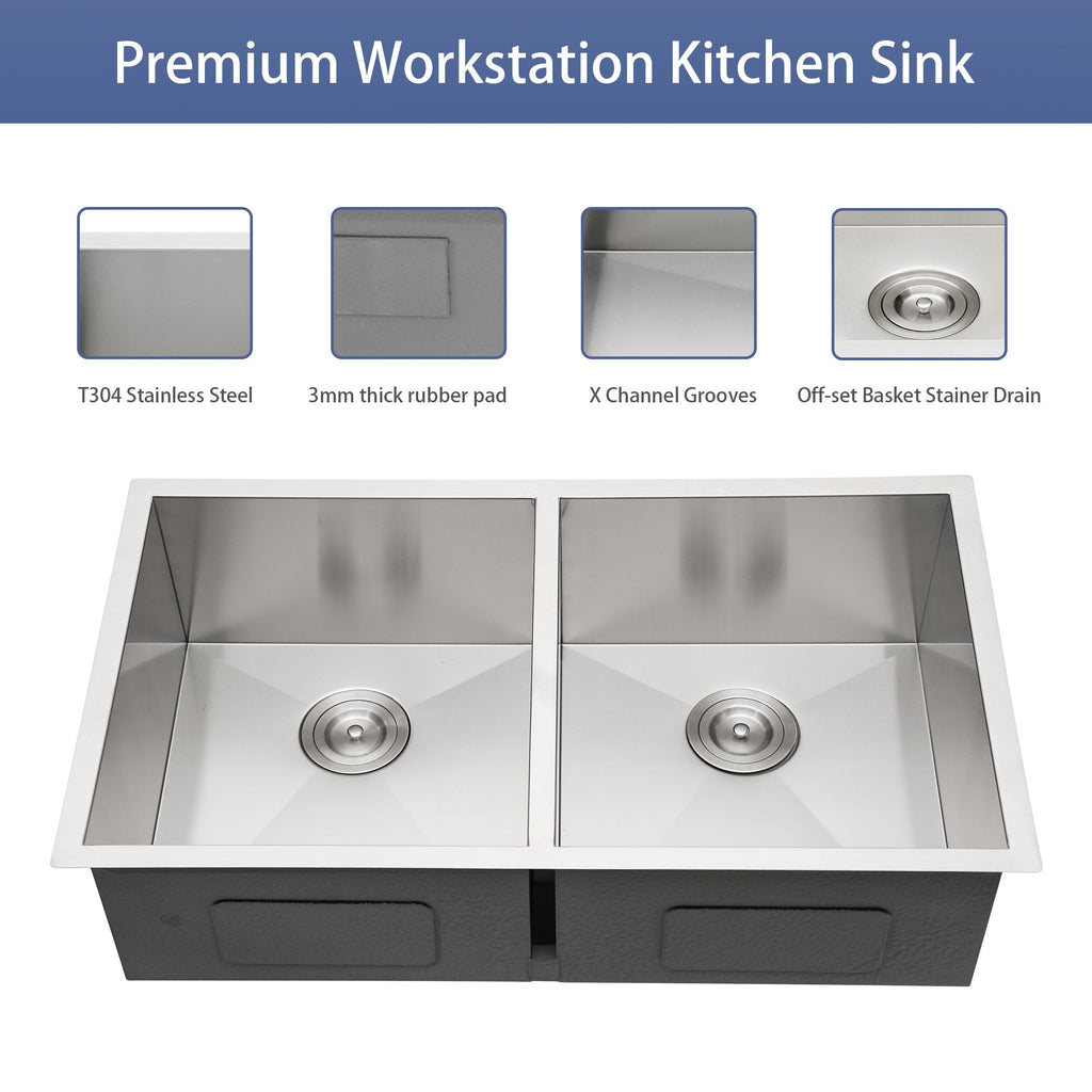Brushed Nickel Undermount Double Bowl Kitchen Sink 33x19 16 Gauge