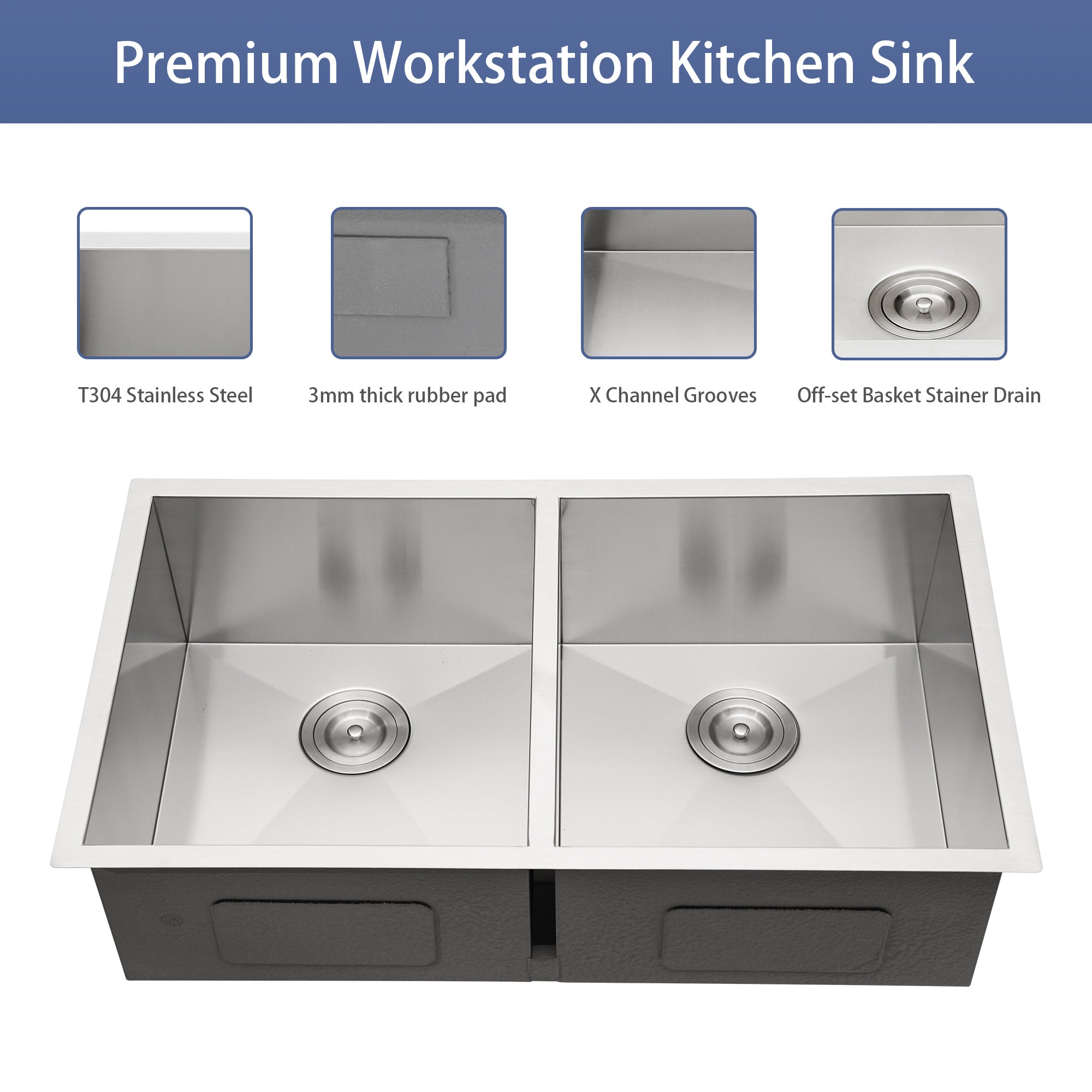 Brushed Nickel Undermount Double Bowl Kitchen Sink 33x19 16 Gauge