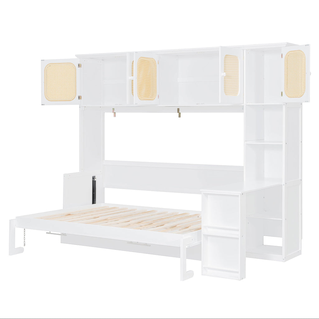 Murphy Bed with Desk and Rattan Cabinets, Warm White
