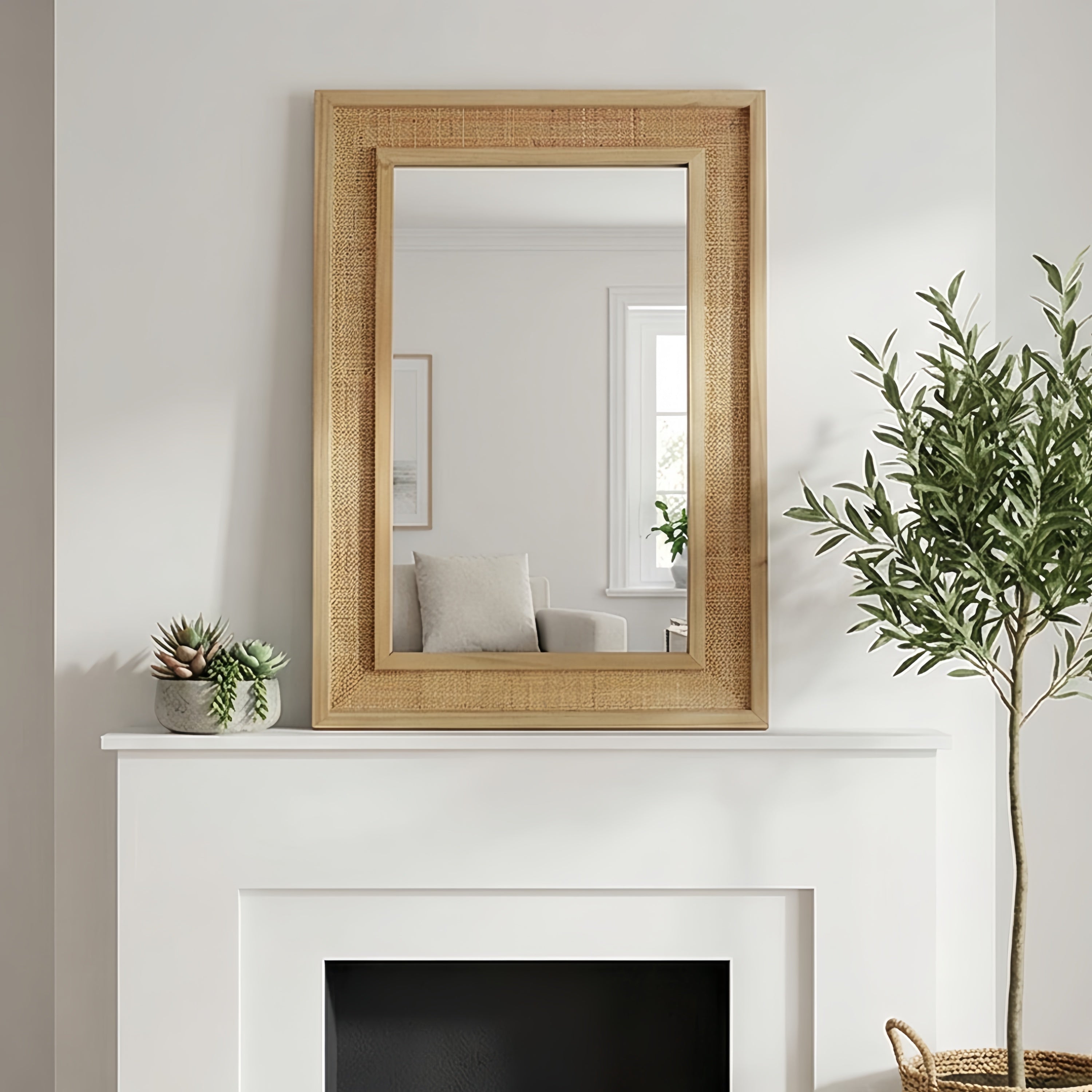24x36 Rattan Rectangle Wood Frame Mirror