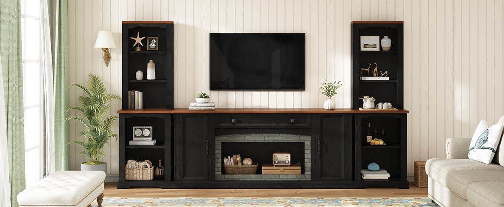 TV Stand 3-Piece Set MDF Walnut Gray Curved Cabinets Fits 70 In TV 109 In