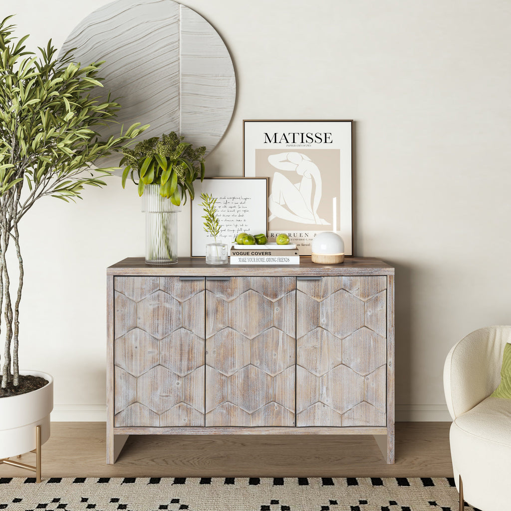 Farmhouse 3 Door Wooden Sideboard Cabinet Storage Natural Wood