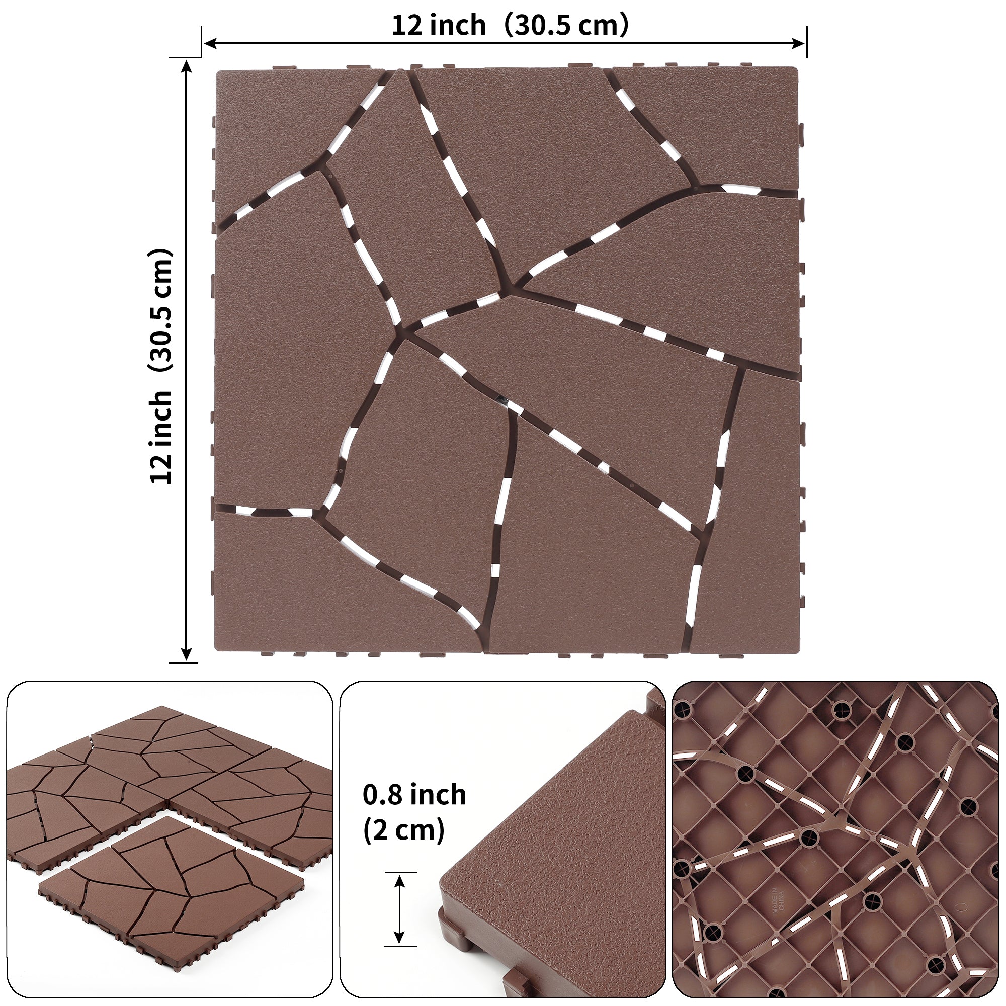 12' Patio Deck Interlocking Tiles Stone Style Red Brown 44pc