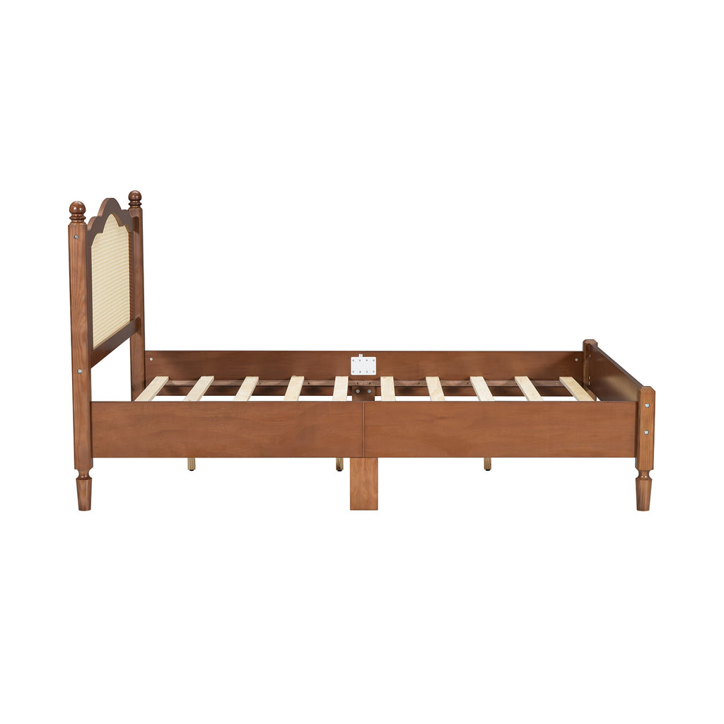 Full Size Wooden Platform Bed with Rattan Headboard