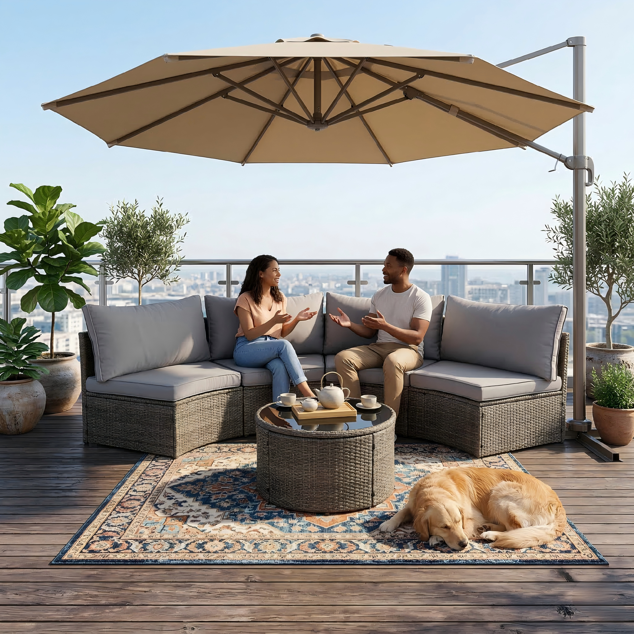 Outdoor Sectional Set PE Rattan Steel Gray 8 Piece Half Moon Seats 6