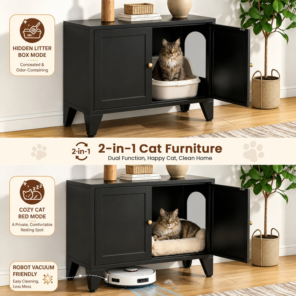 Modern Black Metal Cat Litter Box Enclosure Cabinet Furniture
