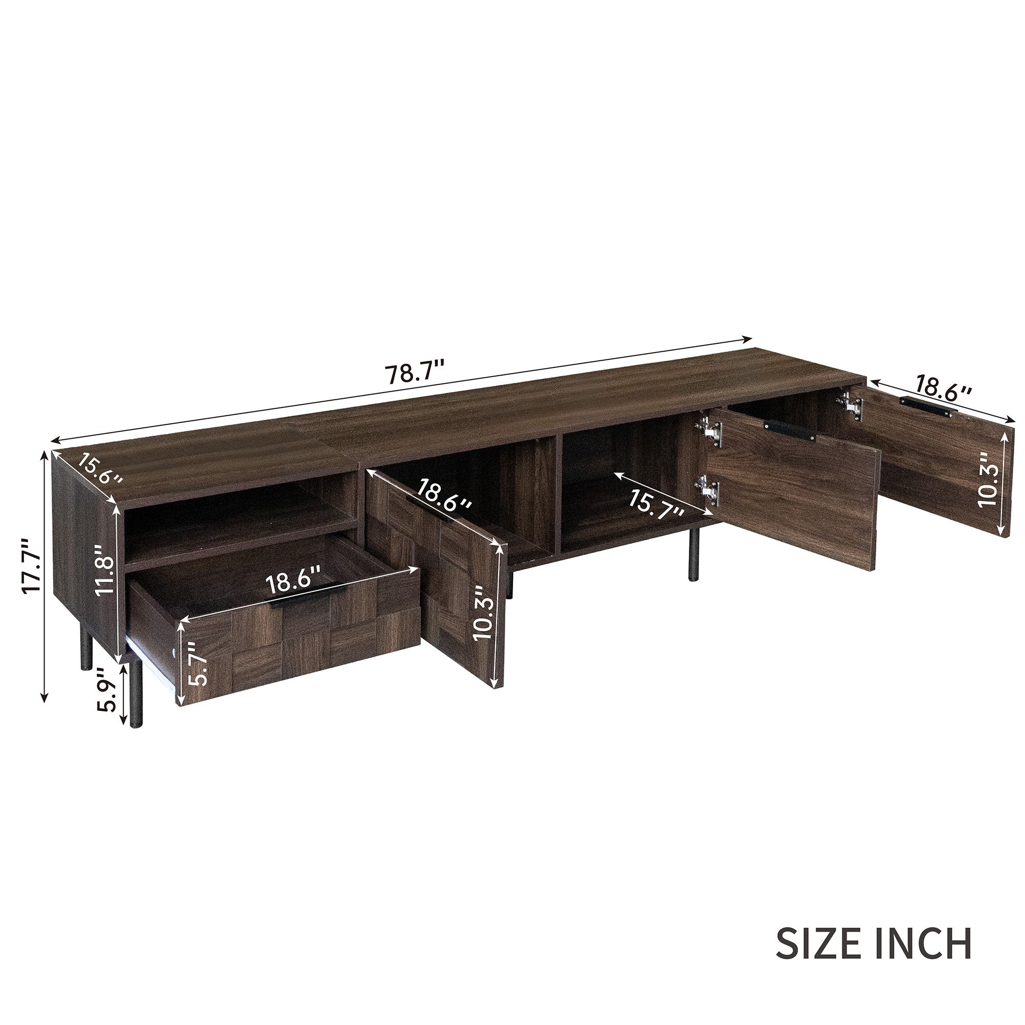 TV Stand Mid-Century Walnut MDF Soft-Close Doors Fits 85 In TV 78.7 In