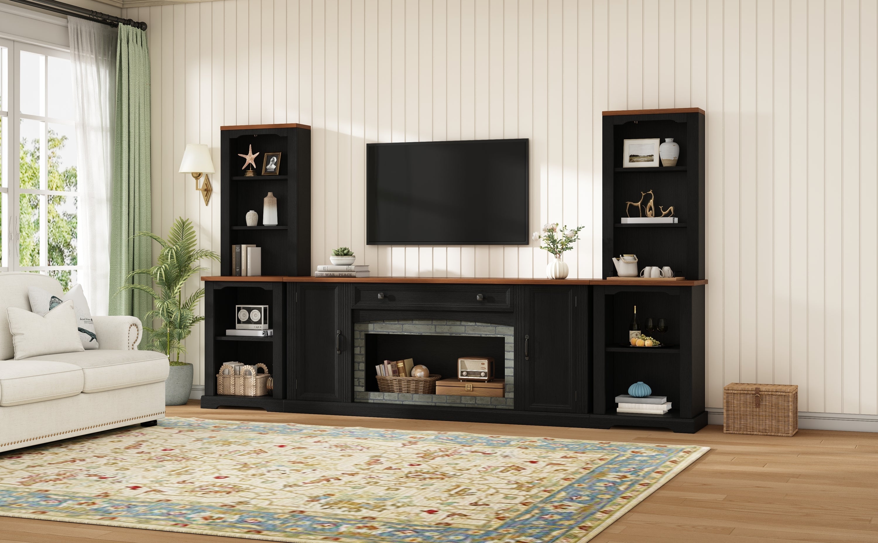 TV Stand 3-Piece Set MDF Walnut Gray Curved Cabinets Fits 70 In TV 109 In