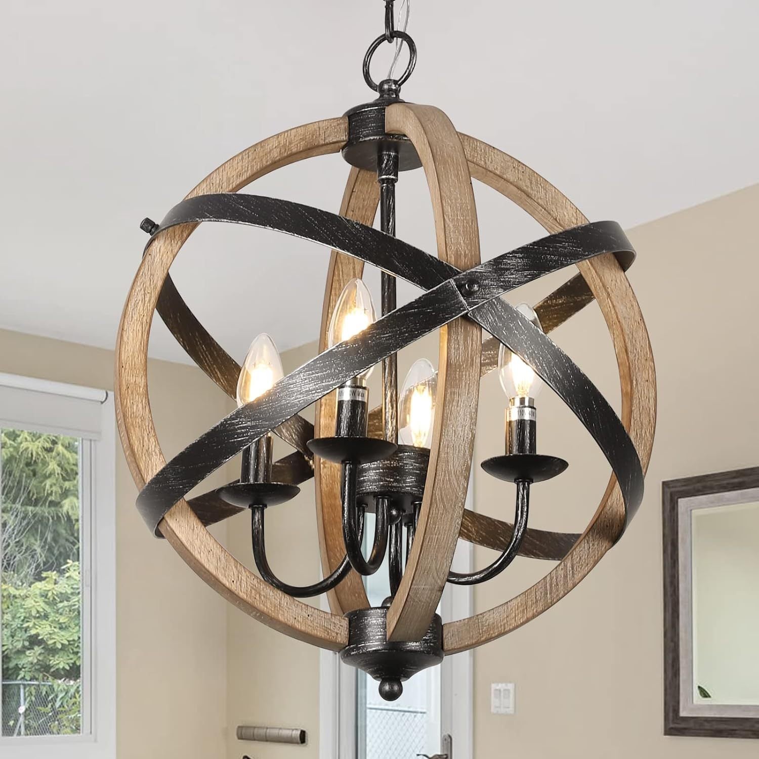 Chandelier Farmhouse 4-Light Rustic Wood Adjustable Kitchen Living