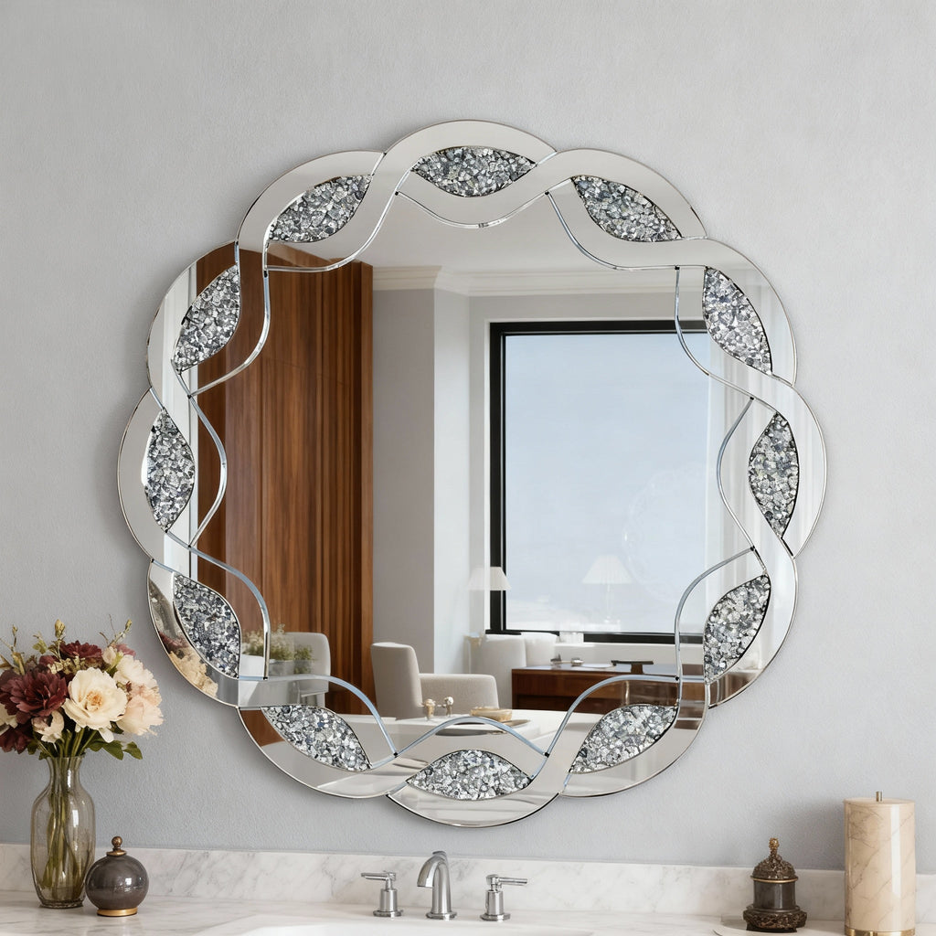 31.5" Silver Wave Diamond Round Wall Mirror