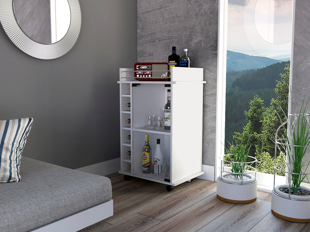 White Bar Cart Two Shelves Wine Rack Four Casters