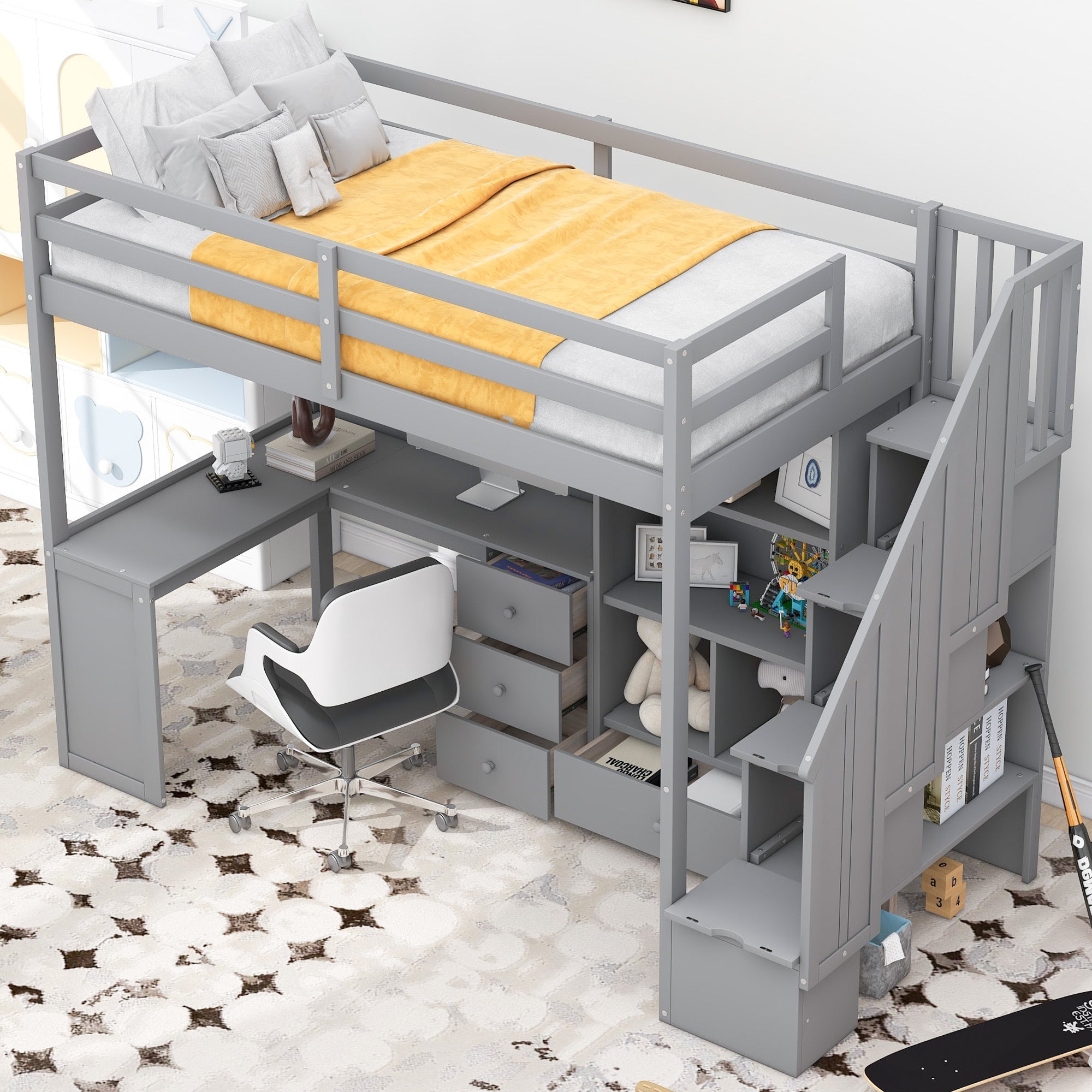 Gray Twin Size Loft Bed with L-Shaped Desk, Drawers, Cabinet and Storage Stai...