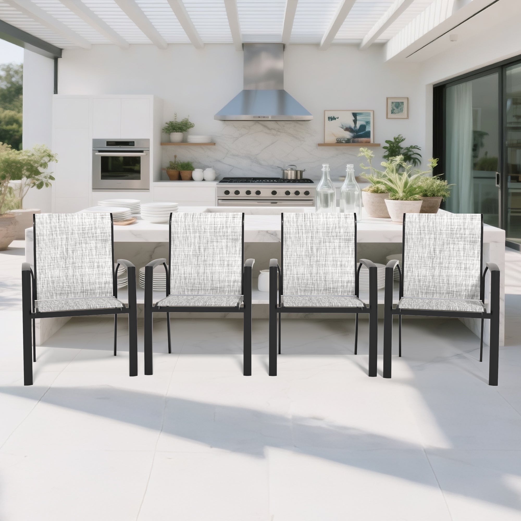 Set of 2 Metal Outdoor Dining Chairs, Black, All Weather