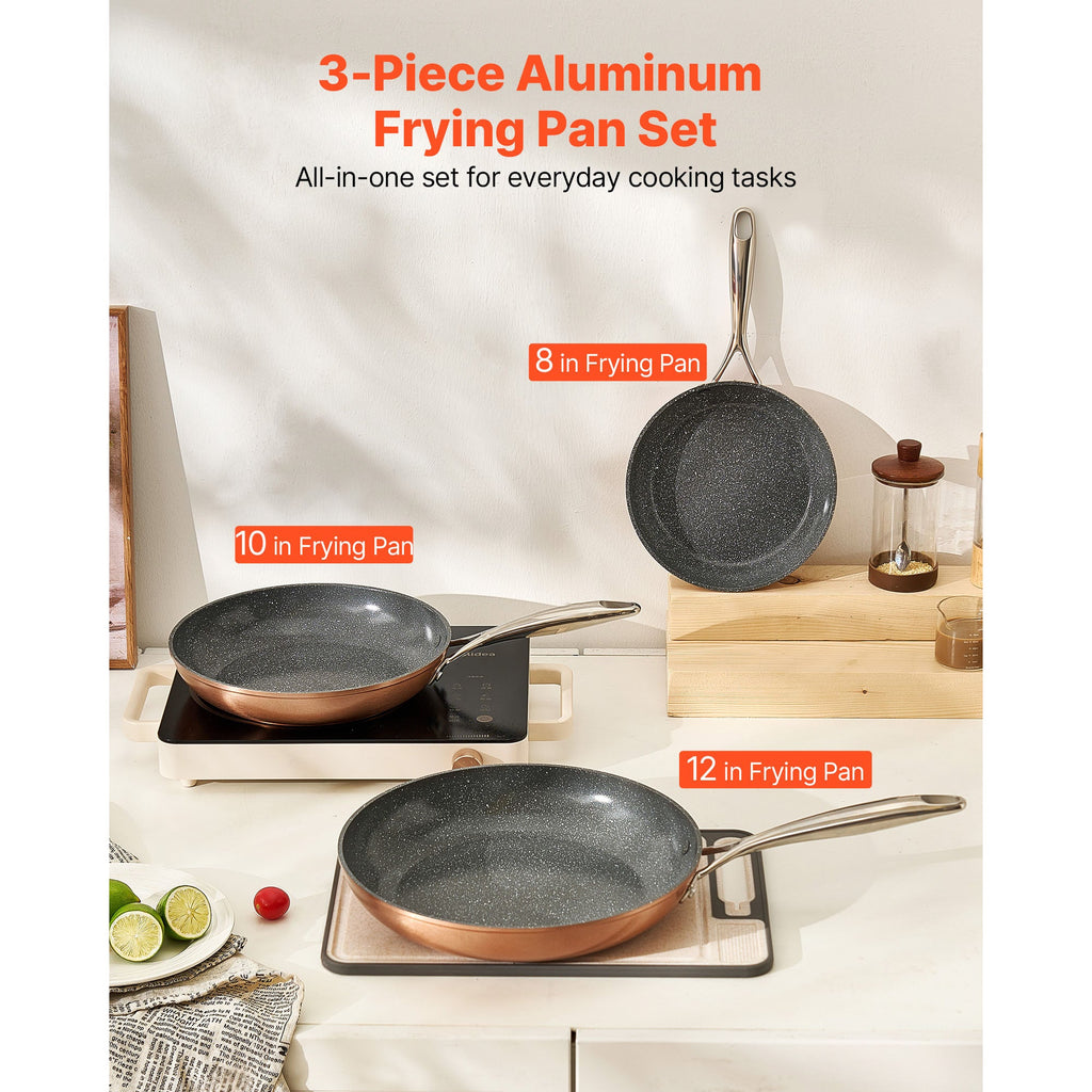 3 Piece Aluminum Skillet Set 8" 10" 12" Pre-Seasoned Grey