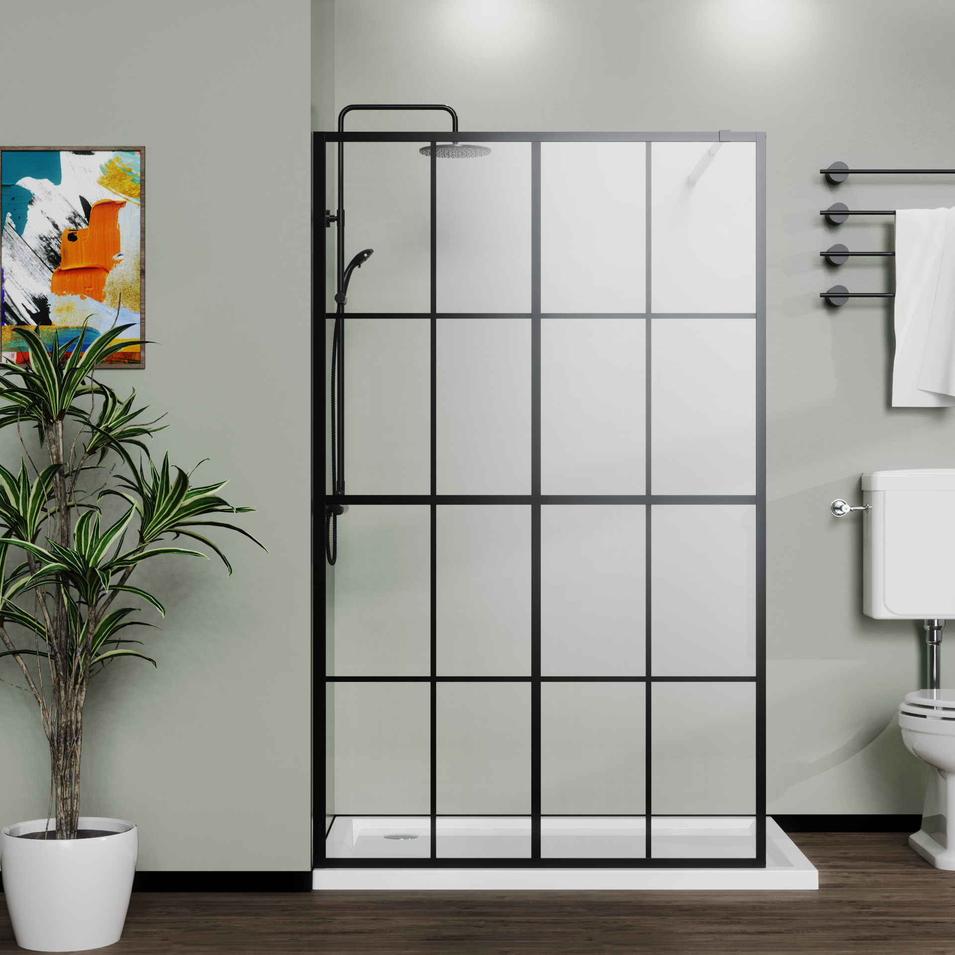 46' X 72' Shower Screen for Walk-in Wet-room Black Full-frame 4 Tempered Glass