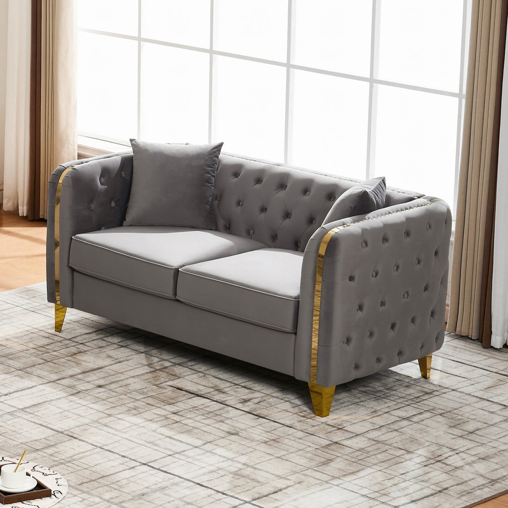 61" Velvet Button Tufted Chesterfield Loveseat Sofa Gold Legs