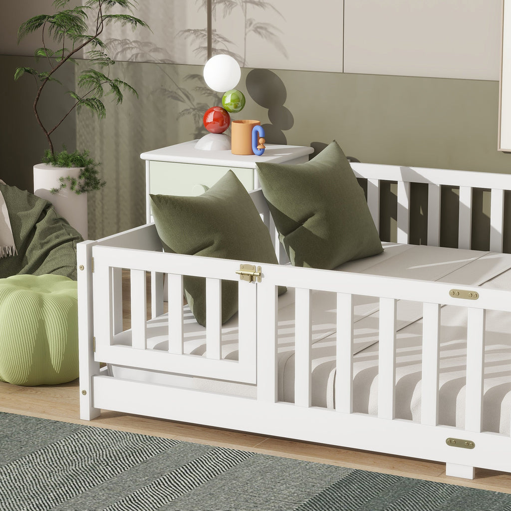 Queen Size Floor Bed with Safety Guardrails and Door