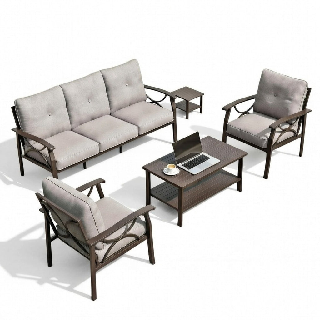 Outdoor Patio Set Steel 5 Piece Khaki Gray Cushions