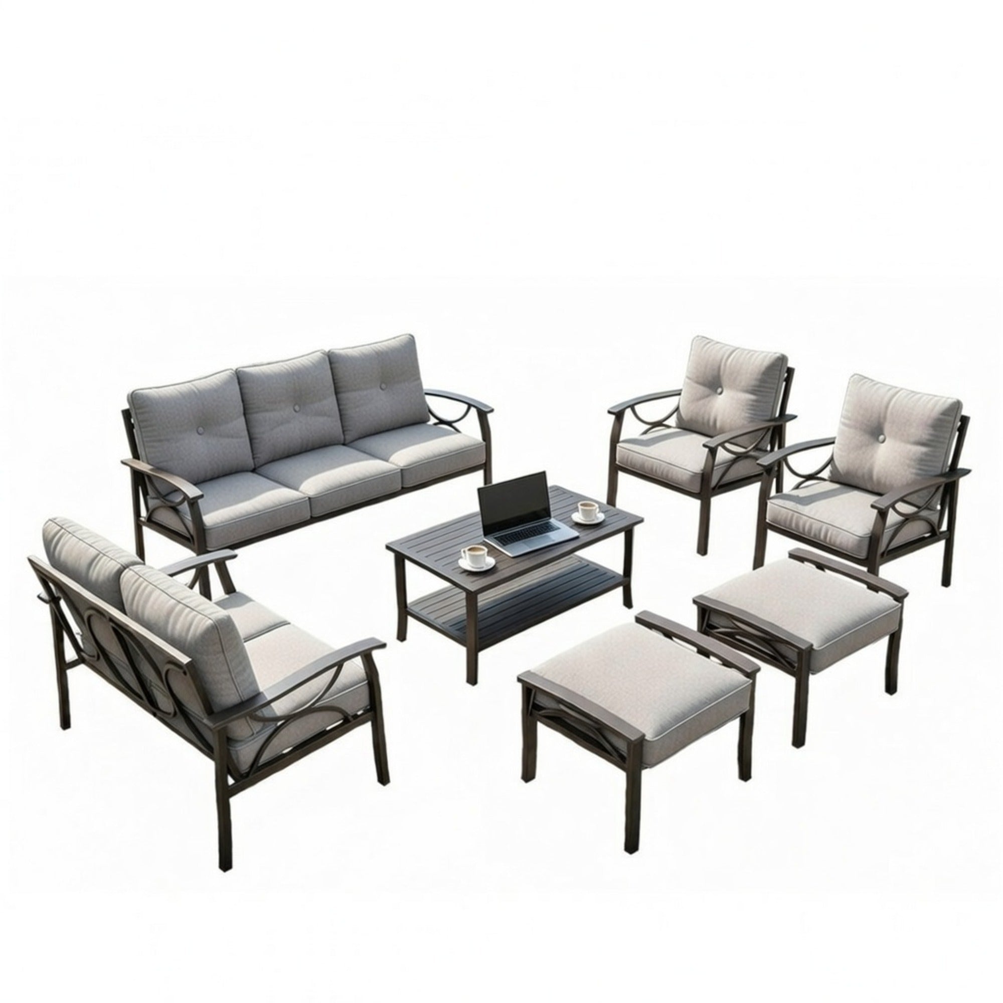 Outdoor Patio Set Steel 7 Piece Seats 9 Khaki Gray