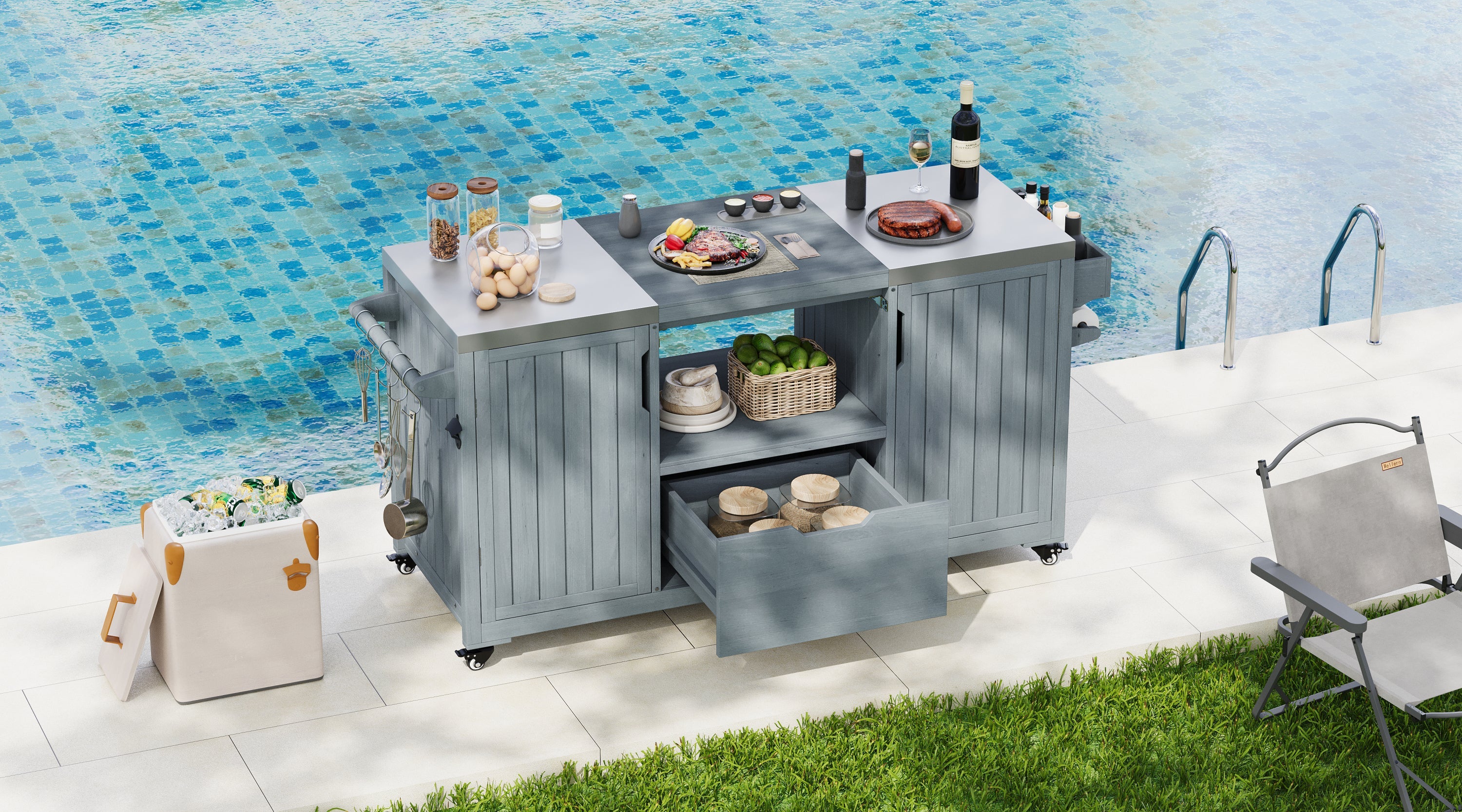 Outdoor Grill Island Cart 66.5" Stainless Steel Tabletop